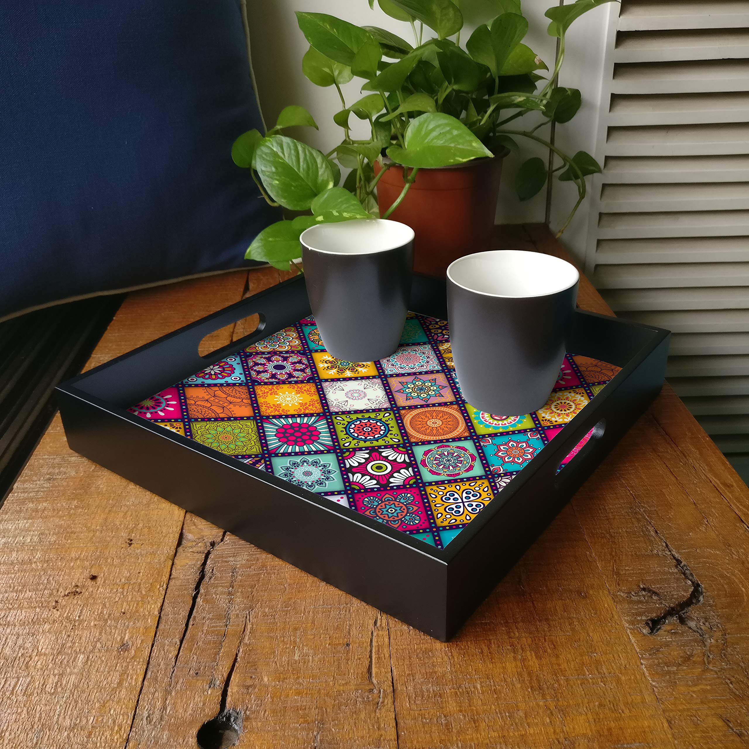 Brahma Design Serving Tray | Multi Mandala Design With Black Border | Square 12'' X 12'' Wooden Tray For Serving | Tray For Deco