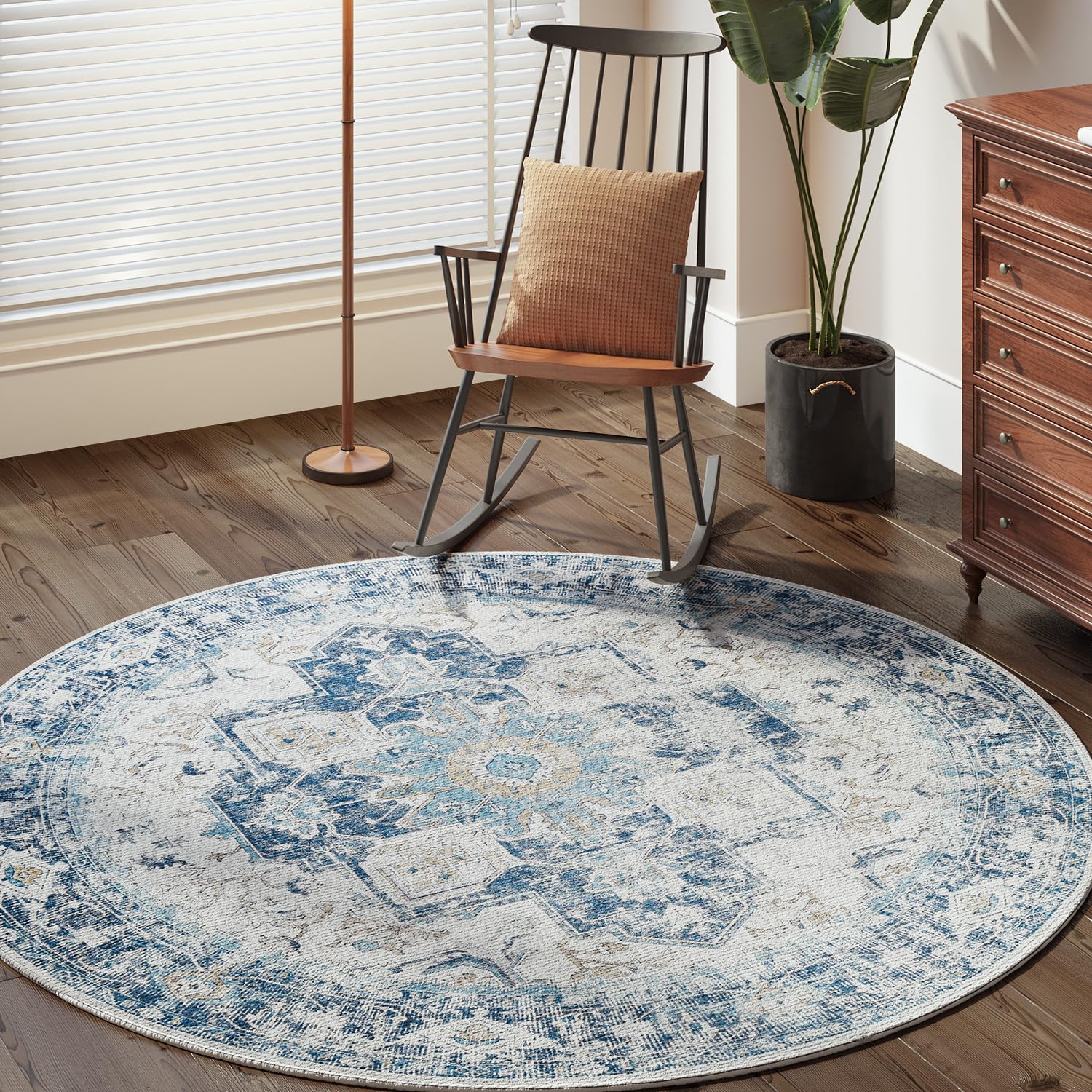 jinchan Round Rug 6ft Washable Rug Area Rug Indoor Vintage Floor Cover Distressed Blue Multi Chenille Carpet Circle Rug 6 Round