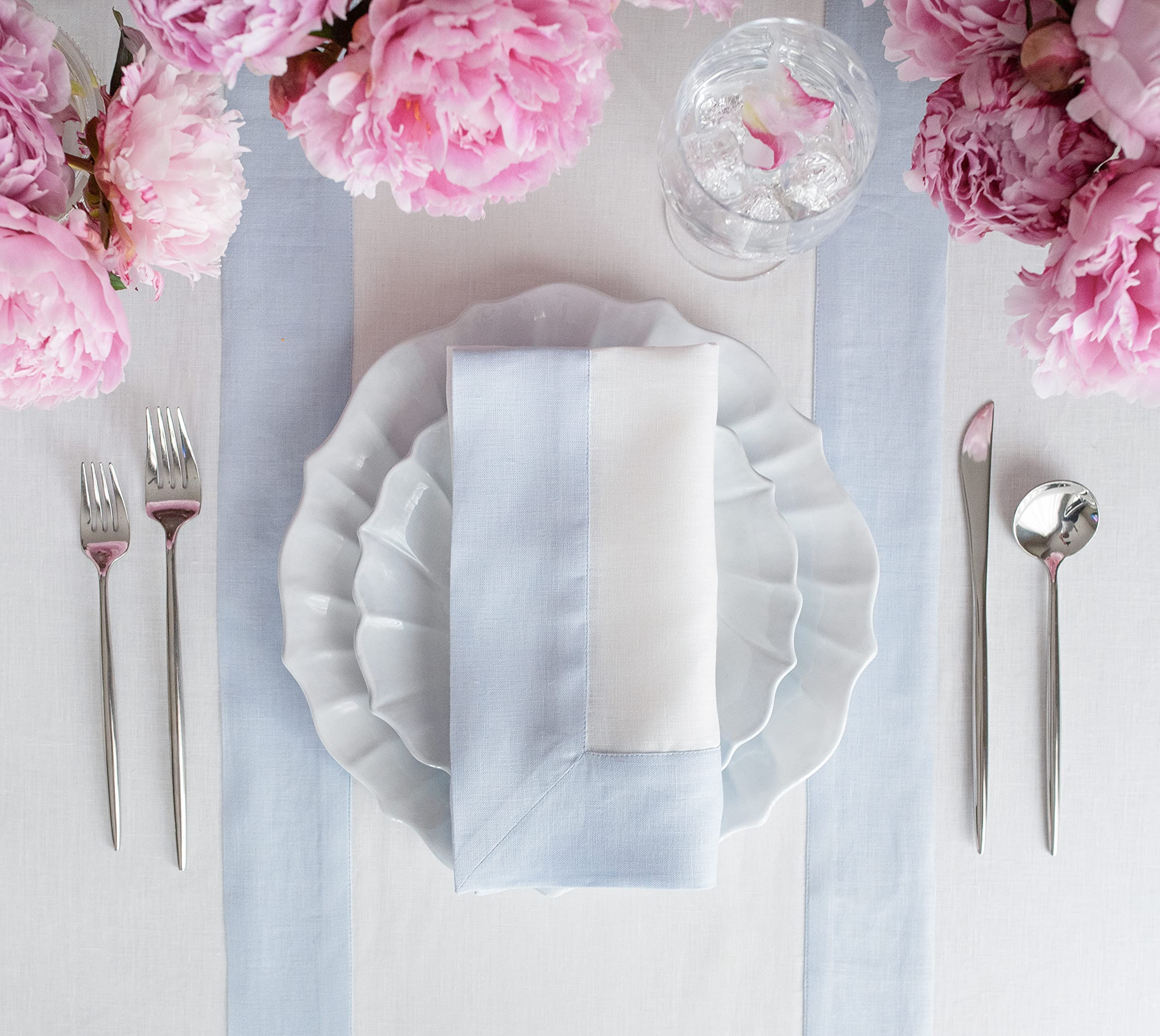 Solino Home Linen Table Runner 36 Inch - Contempo, 100% Pure Linen Light Blue And White Short Table Runner 14 X 36 Inch Ideal Fo