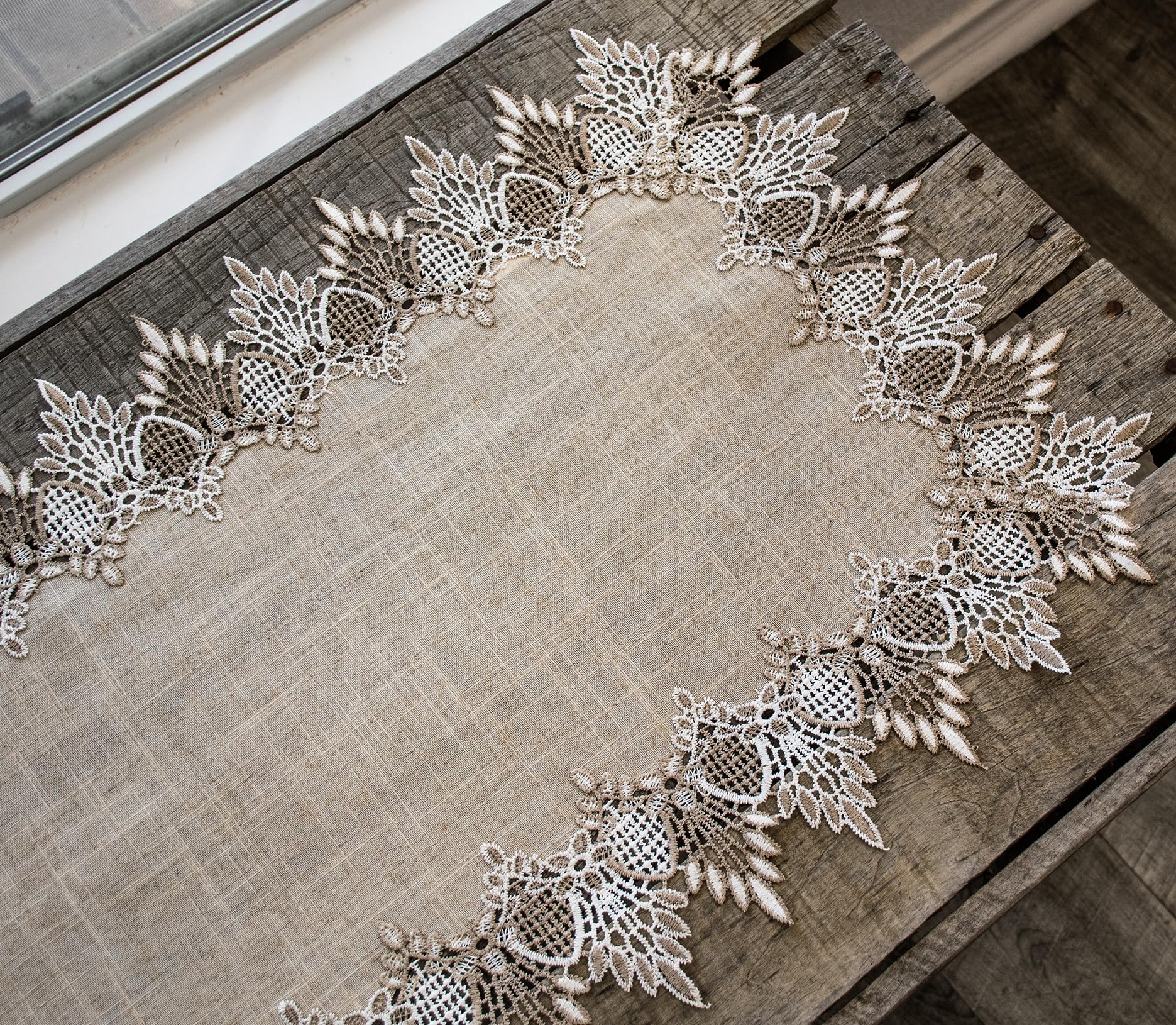 Neutral Earth Tones Lace Table Runner, Dresser Scarf, Coffee Table Runner, Brown Farmhouse Style (16Wx 54L)