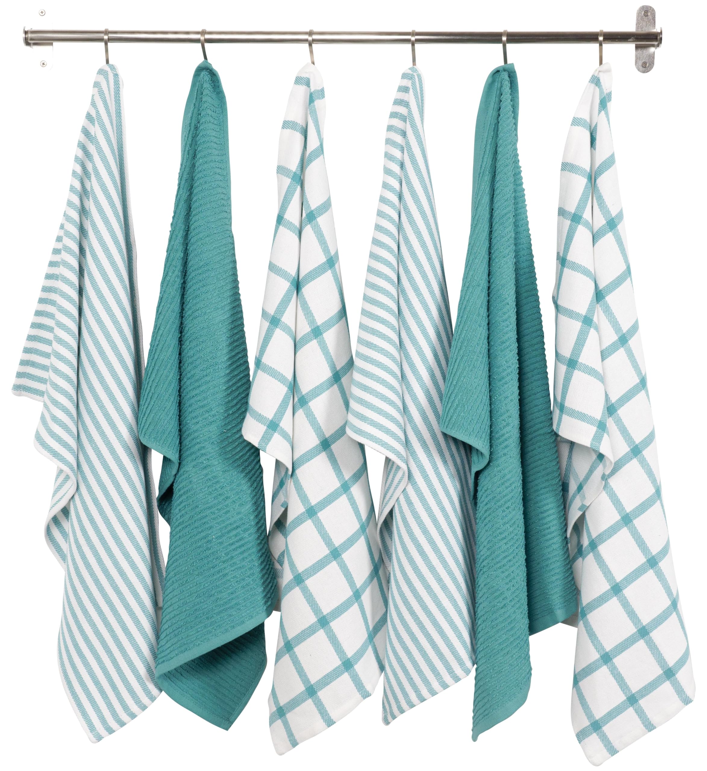 Kaf Home Premium Kitchen Towels (18'' X 28'', 6 Pack), Large 100% Cotton, Flat & Terry Absorbent Dish Towel Set (Teal)