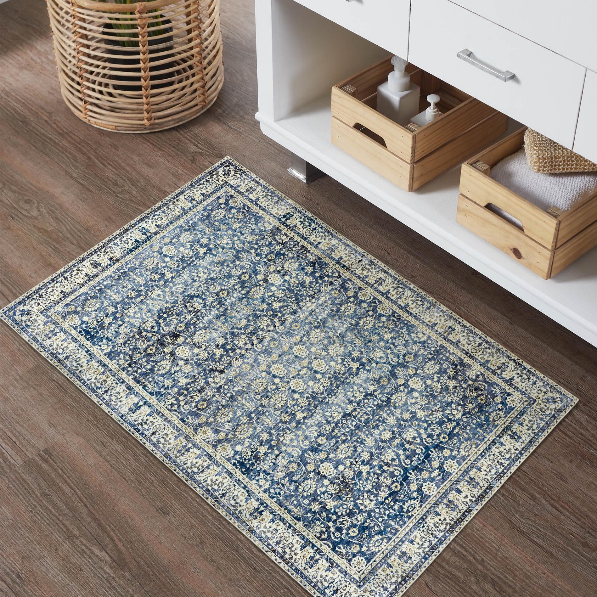 Blue Kitchen Rugs Small Entryway Door Mat Non Slip Washable Boho Vintage Area Rug 2x3