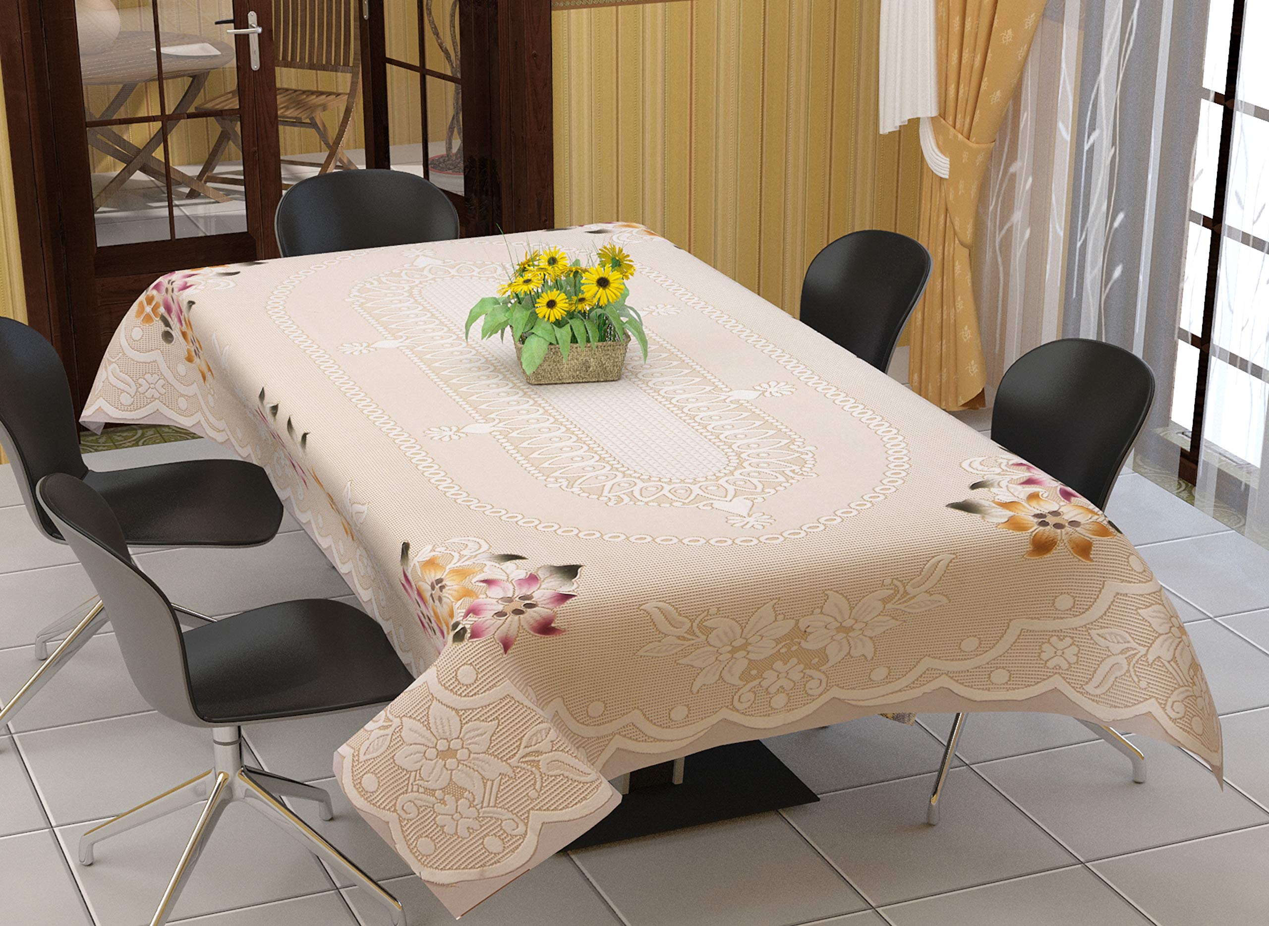 WISEHOME Washable Glace Cotton 6 Seater Dining Table Cover (60x90 Inch) (Beige)