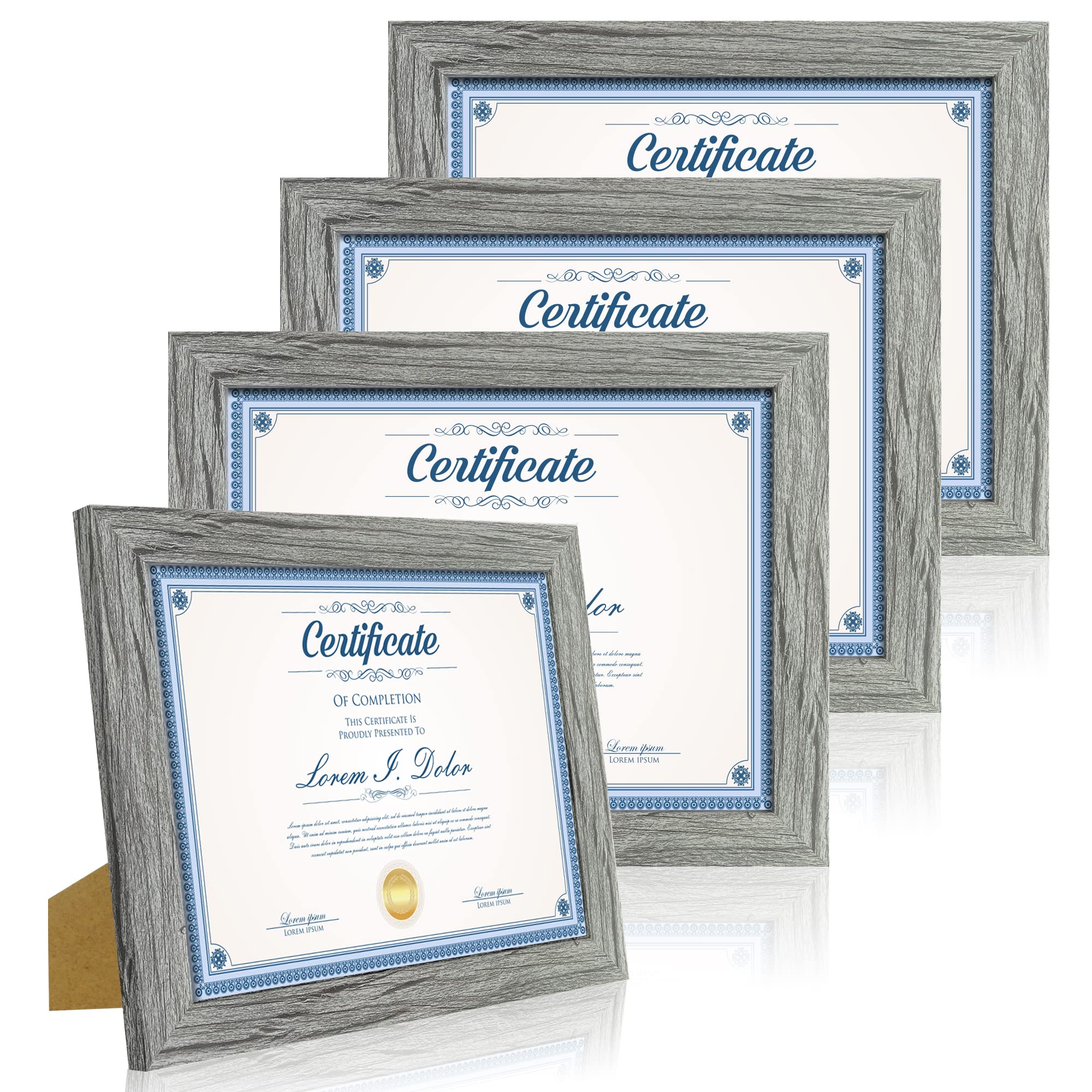 Hongkee 8.5 x 11 Picture Frame Set of 4, Made of Real Glass and Grey Certificate & Diploma Frame, 8.5 by 11 Photo for Wall or Ta