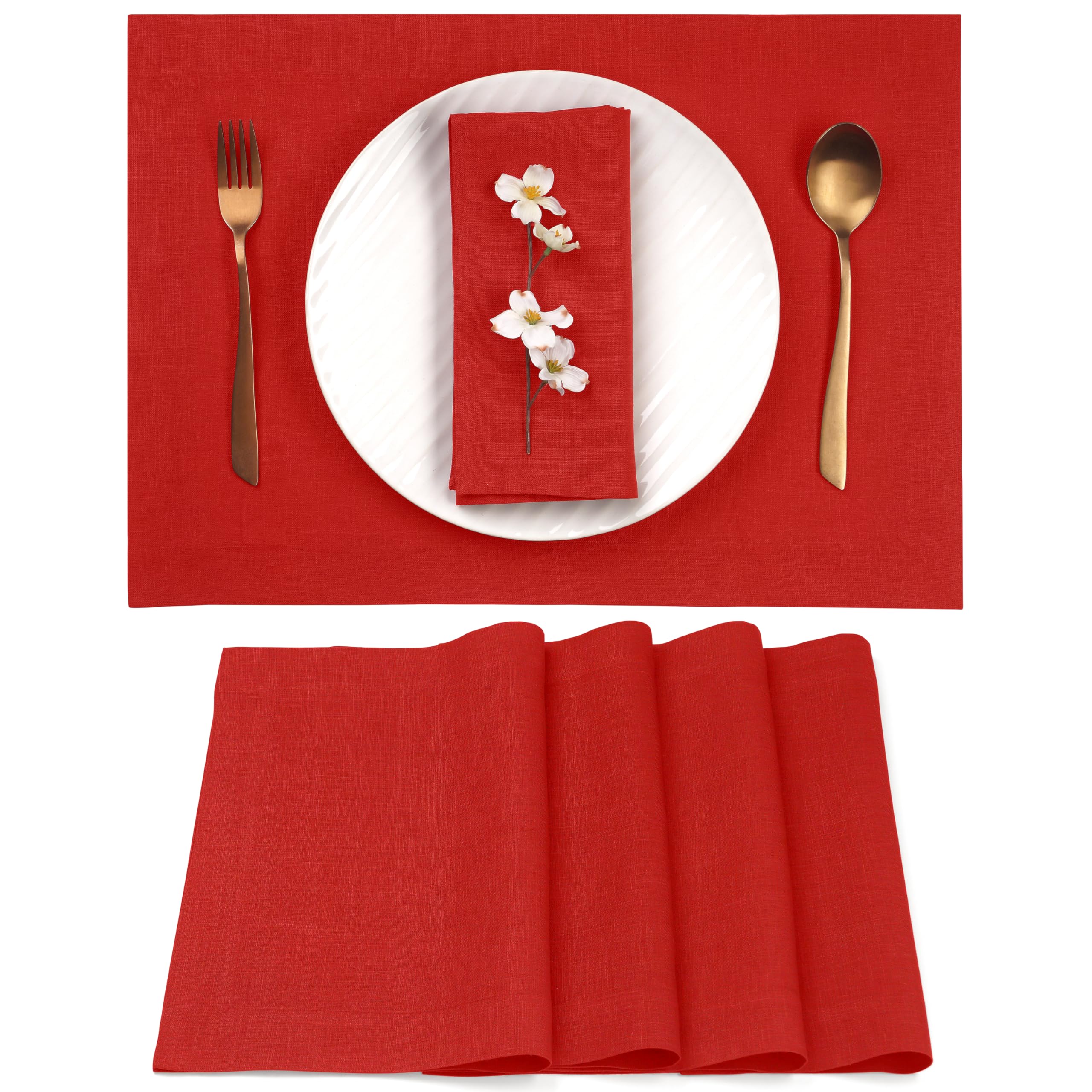 D'Moksha Homes Linen Placemats Set Of 4-100% Pure Linen Bright Red Placemats 14 X 19 Inch - Washable Bright Red Placemats For Ea