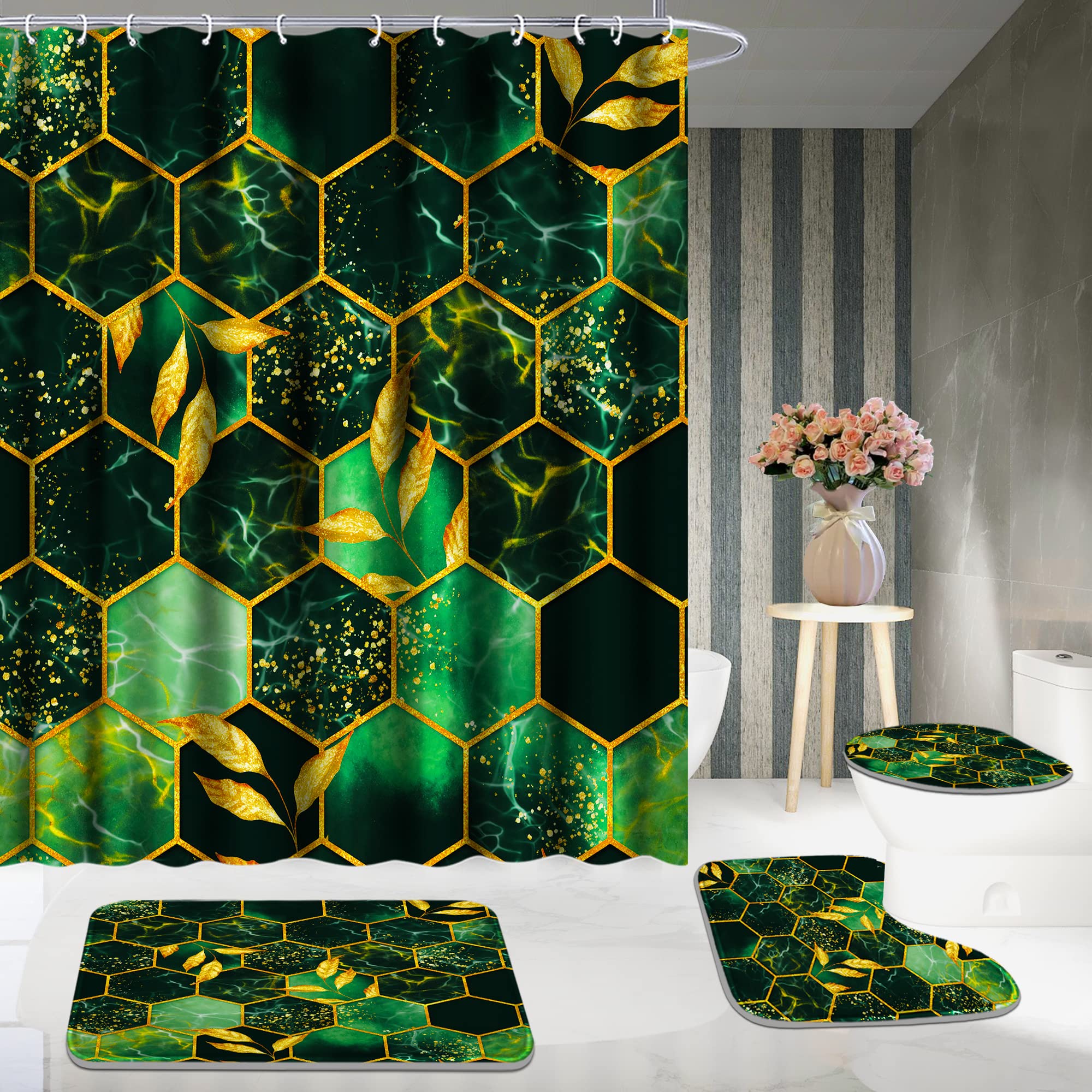 Poedist 4 Pcs Bathroom Shower Curtain Set Green Honeycomb Marble Bathroom Sets with Rugs(Bath Mat U Shape and Toilet Lid Cover Mat) and 12 Durable Hooks