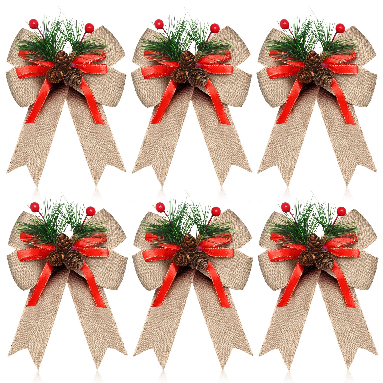 Syhood 6 Pcs Christmas Bows with Pine Cones Pine Needles Xmas Flaxen Bows Ribbon Christmas Tree Wreath Decoration for Xmas Parti