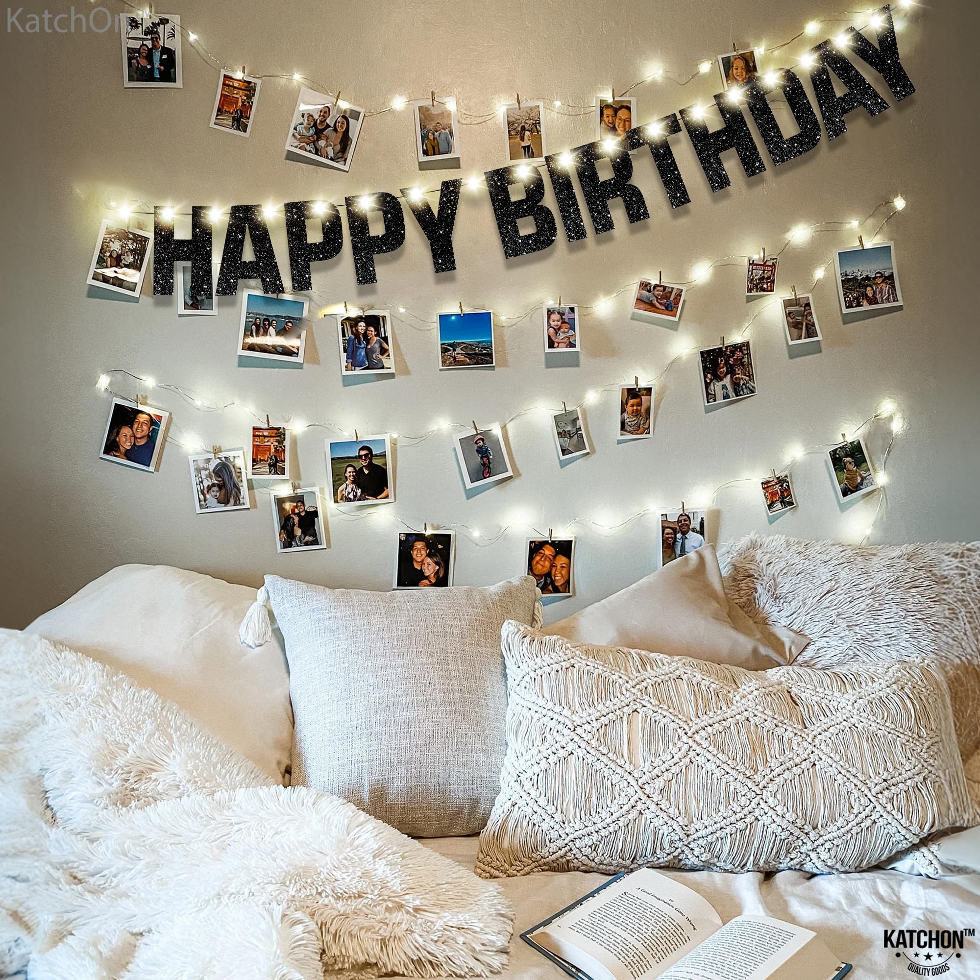 Katchon, Glitter Black Happy Birthday Banner Light Up - Prestrung, 10 Feet | Black Happy Birthday Led Sign, Happy Birthday Banne