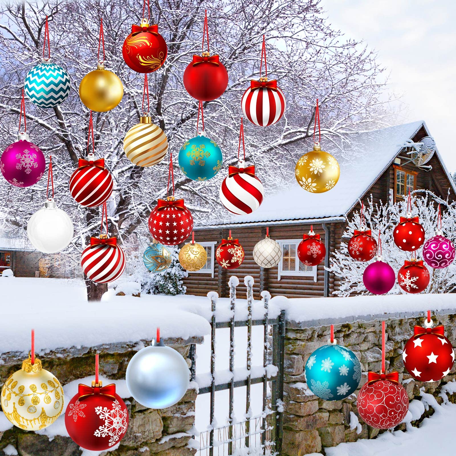 Rtteri 30 Pcs Large Christmas Ball Shape Ornaments for Outdoor 4.9 Inch Double Sided Plastic Christmas Hanging Ornaments Balls f