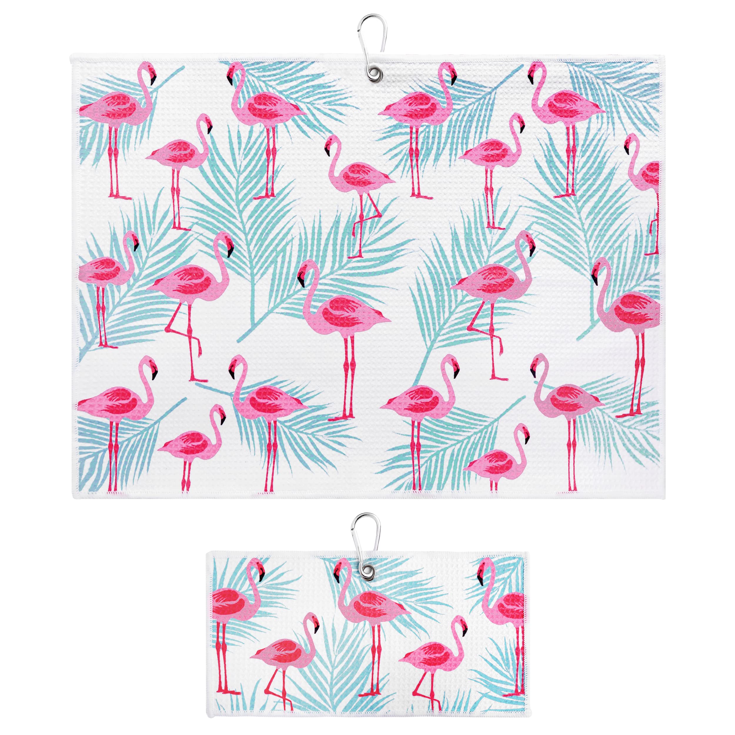 Flamingo Tropics Golf Towel With Clip For Women And Men, Microfiber Waffle And Ball Towels, Set Of 2