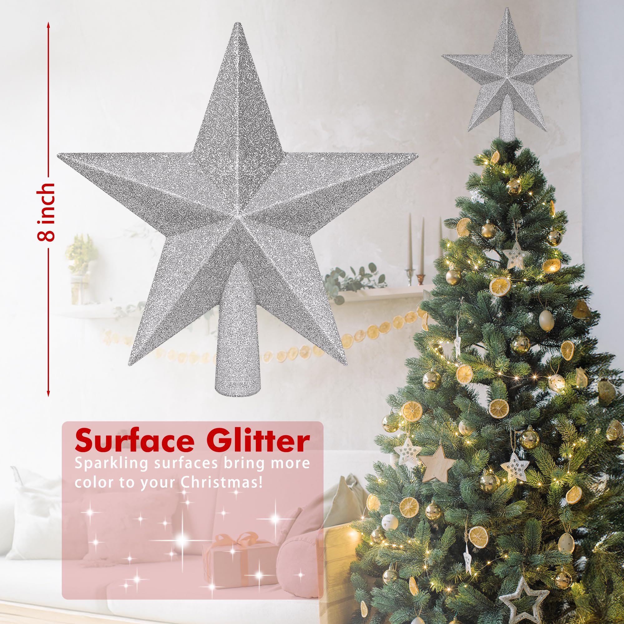 Tree Topper Star, 8 Silver Christmas Tree Topper with Glitter, 3D Bethlehem Star Xmas Tree Topper Decorations, Waterproof Shatte