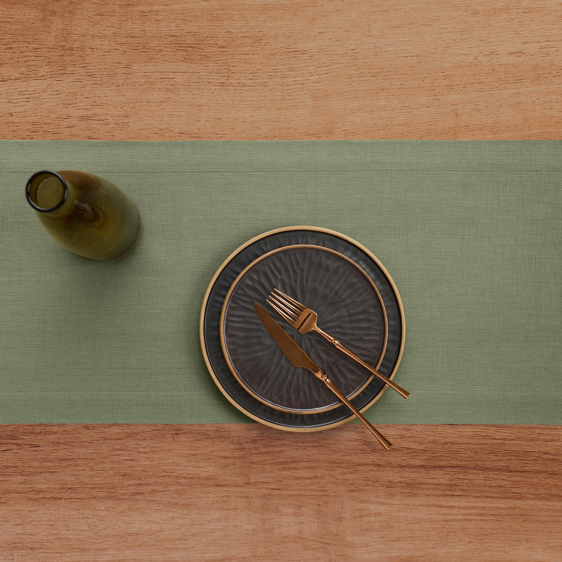 Solino Home Linen Table Runner, 100% Pure Linen, 14 x 132 Inch, Oil Green, Model SH111TR132OGR - Perfect for Fall & Thanksgiving Decor