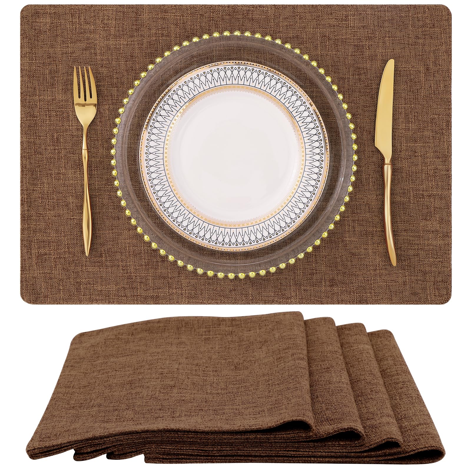 Homing Brown Cloth Placemats Set Of 4 - Cotton Linen Blend Washable Farmhouse Dining Table Mats For Indoors & Outdoors, Easy To