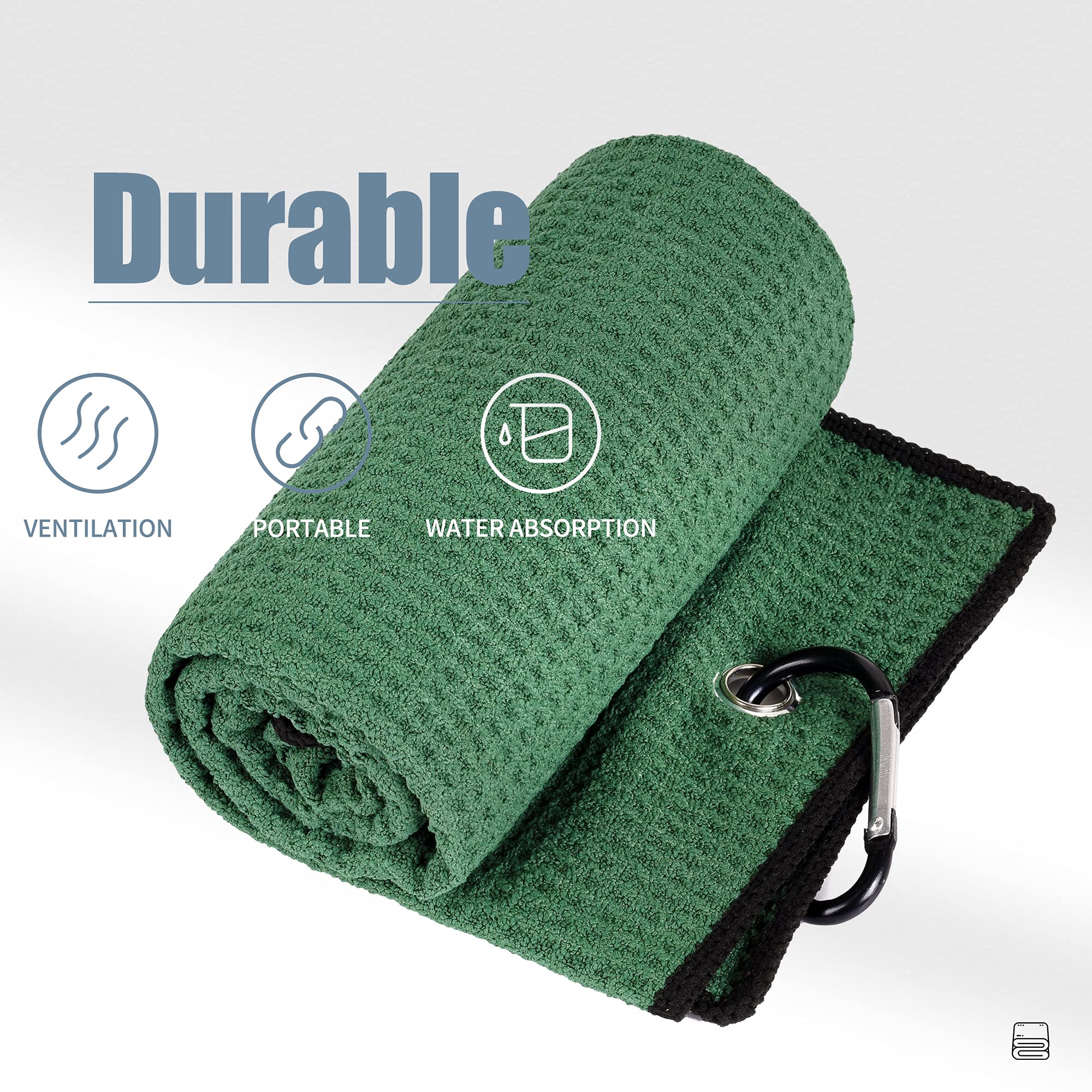 Mile High Life Tri-fold Golf Towel  Premium Microfiber Fabric  Waffle Pattern  with Heavy Duty Carabiner Clip  Green Golf Towel for Men and Women  16x21 (Green)