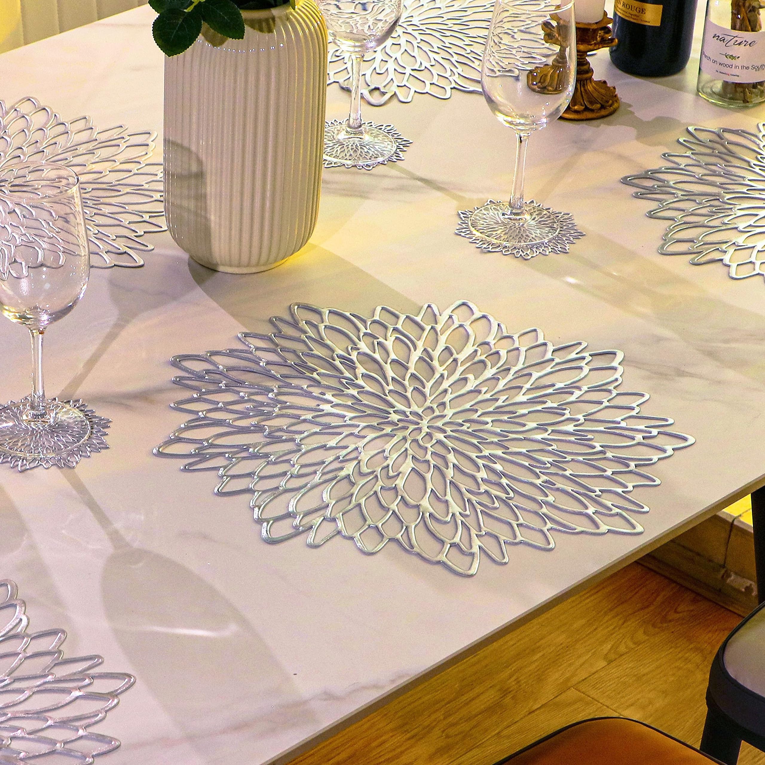Snowkingdom 12 Pairs Of Silver Placemats & Coasters 24 Pcs Matching, Metallic Vinyl Dinning Table Mats, Round Flower Charger Pla