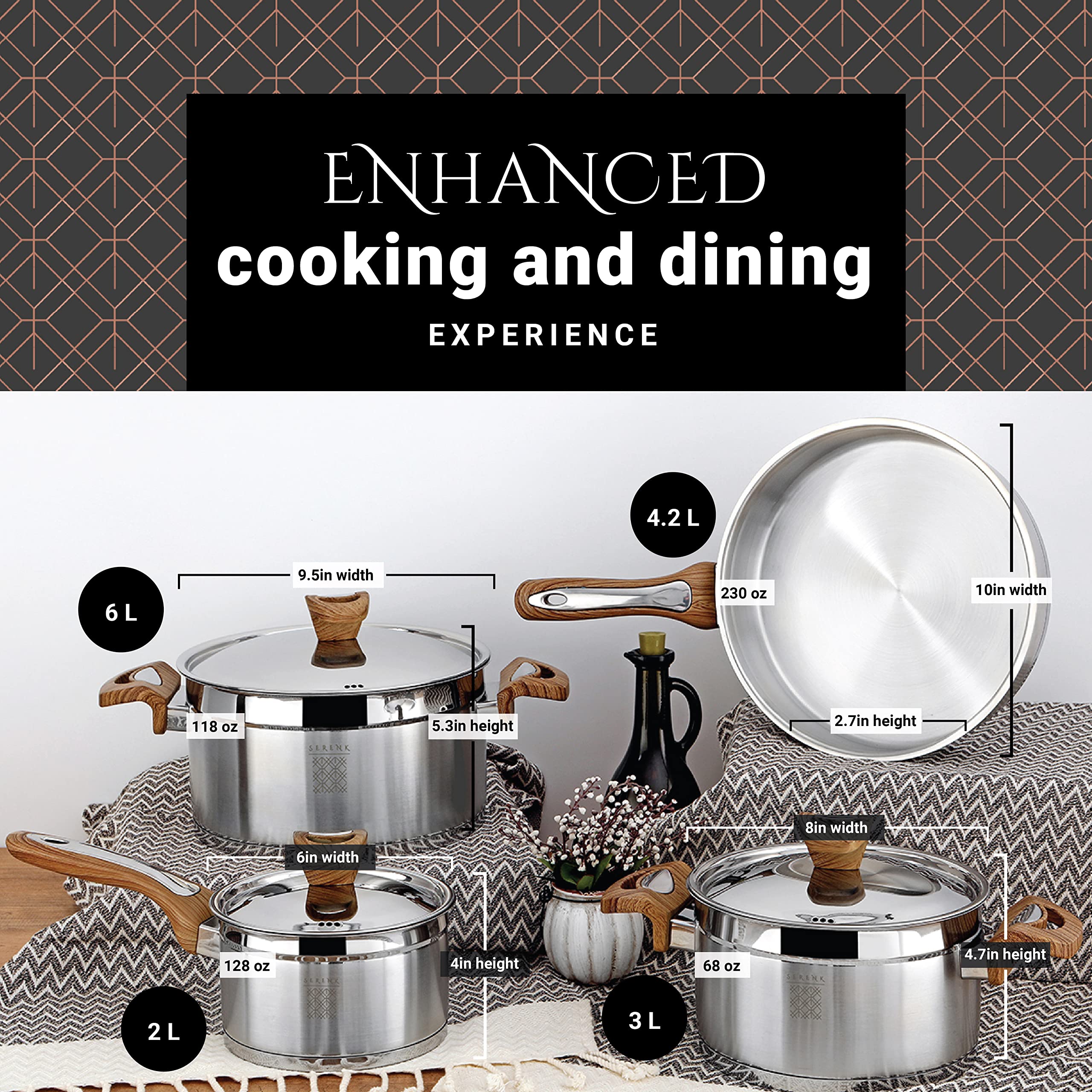 Serenk 7-Piece Stainless Steel Cookware Set, Induction Compatible, Includes Stock Pot, Cooking Pot, Frying Pan, and Sauce Pan wi