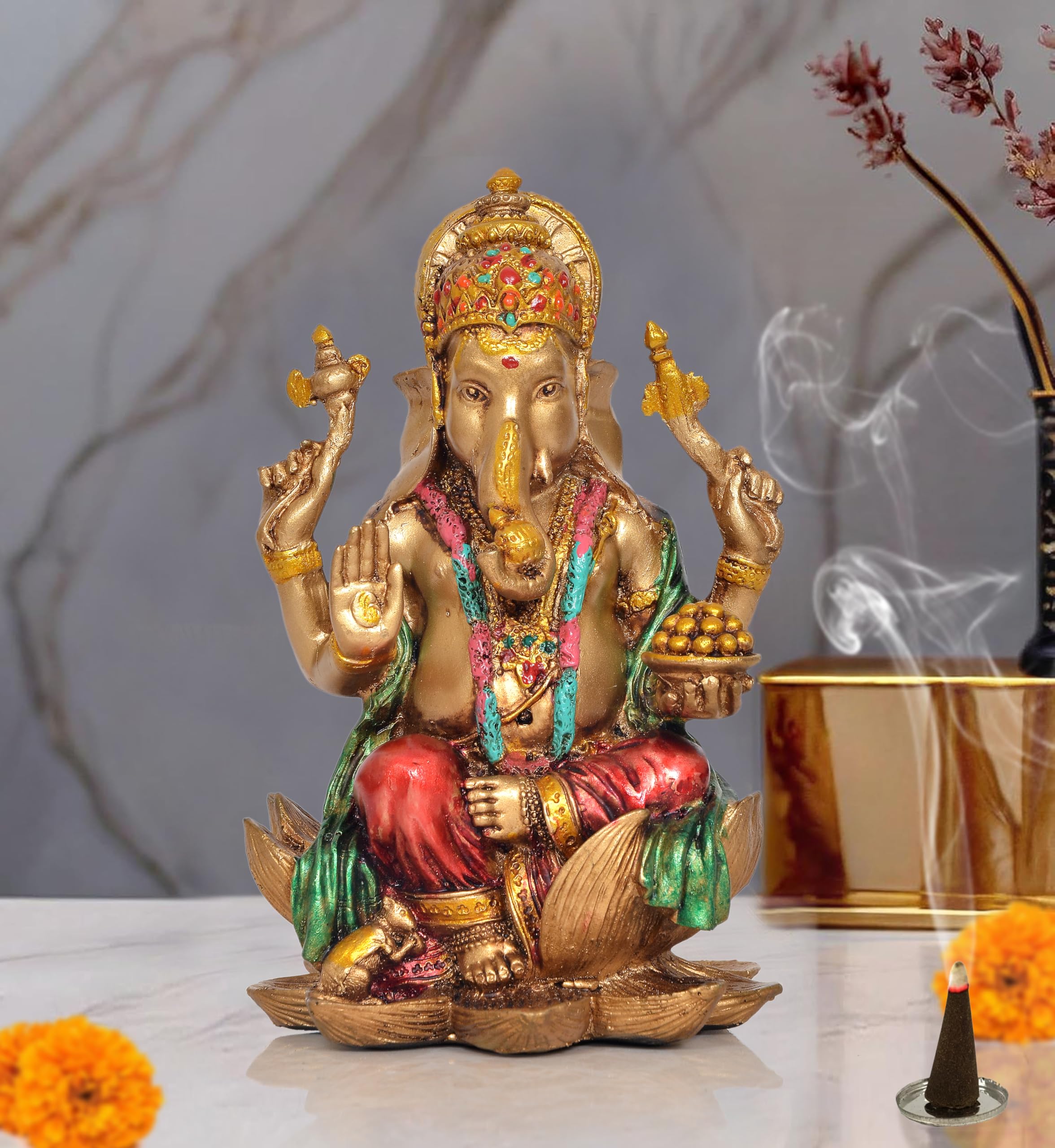 Dattatreya Cold Cast Lord Ganesha Ganpati Idol Statue Murti for Decoration and Pooja Gifting in Resin, Height : 6.5 inch