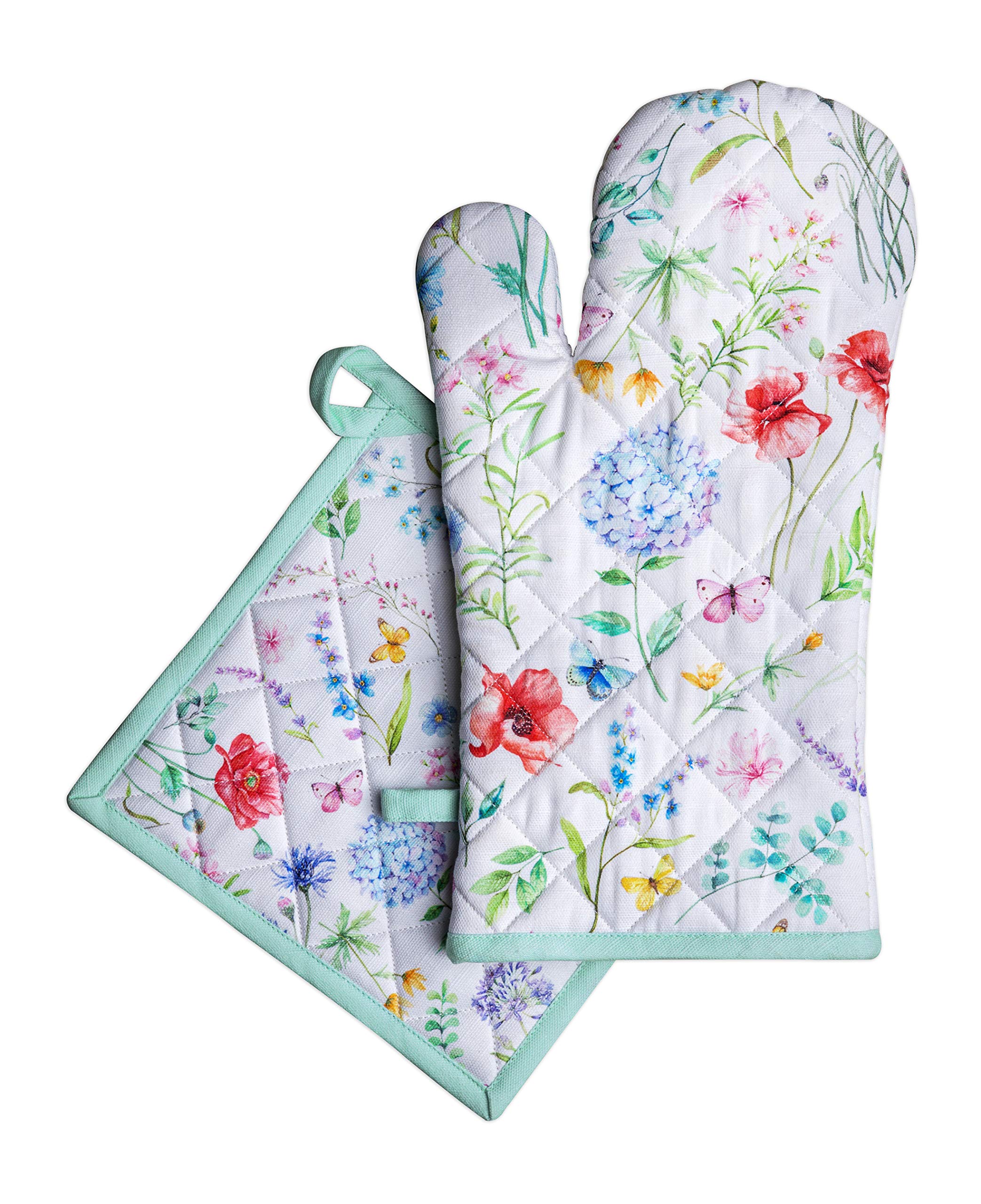Maison D' Hermine Oven Mitt + Pot Holder 100% Cotton Heat Resistant Kitchen Oven Mitt (7.5''X13'') & Pot Holder (8''X8'') For Gi