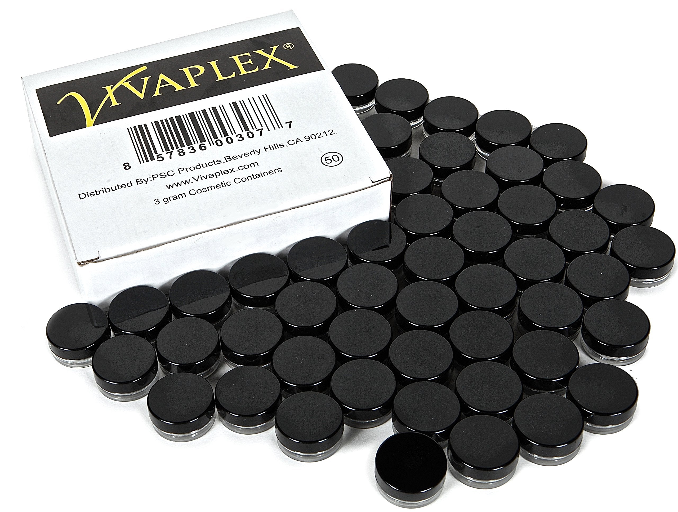 Vivaplex, 50, Clear, 3 Gram Plastic Pot Jars, Cosmetic Containers, With Black Lids.