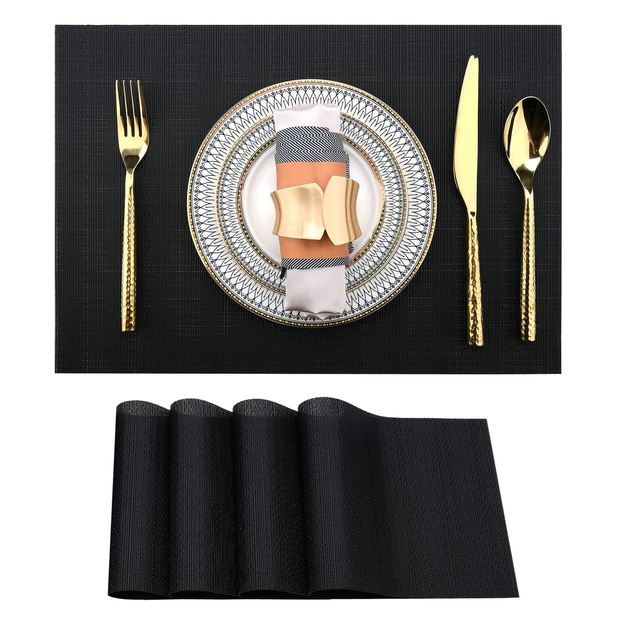 Slkqg Black Placemats Set Of 4 - Easy Clean Washable Vinyl Placemats - Wipeable Heat Proof Table Mats For Dining Table - 17X12 I