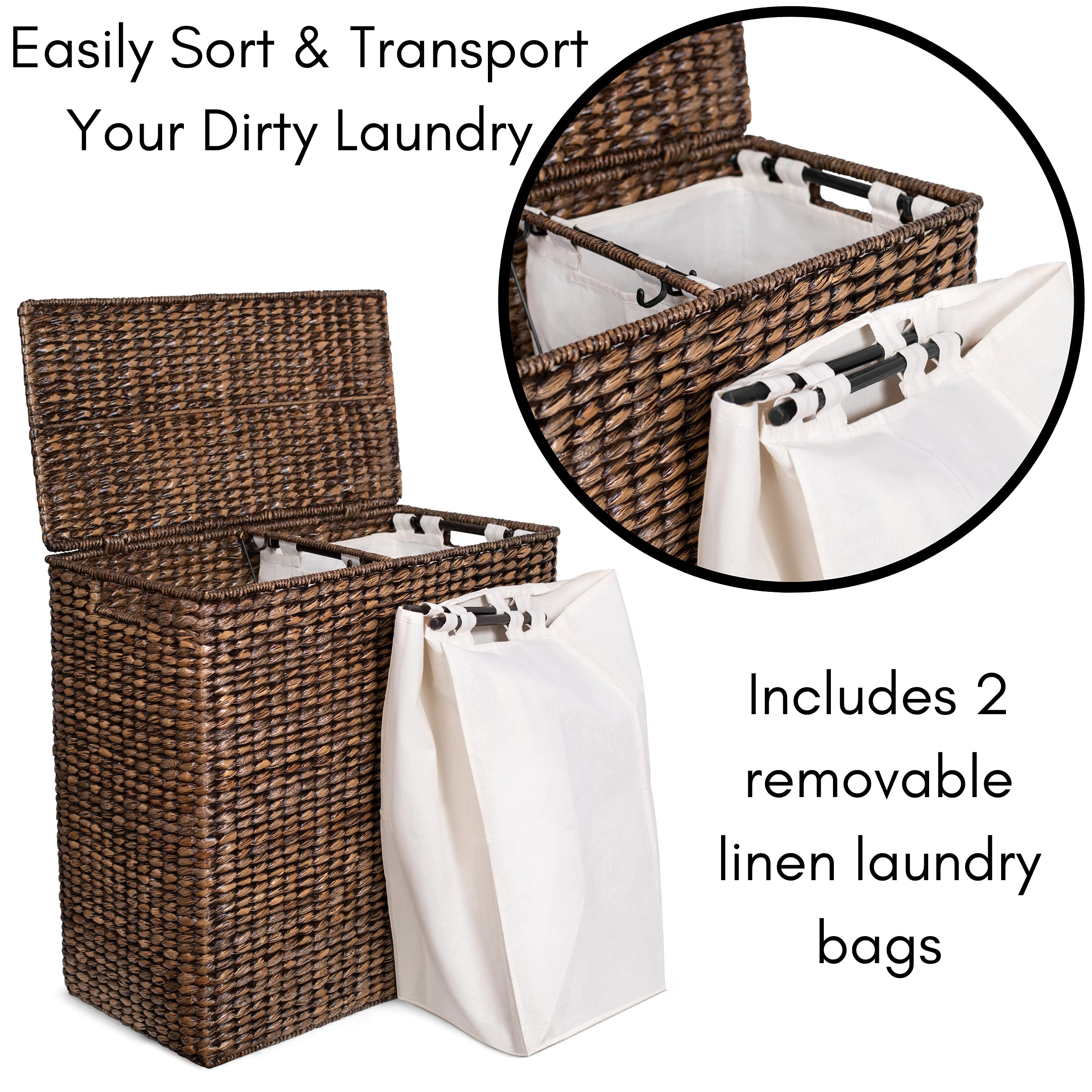 Birdrock Home Oversized Dual Hampers With Lid - Handwoven Natural Seagrass Fiber Compartment Laundry Hamper W/Dual Removable Lin