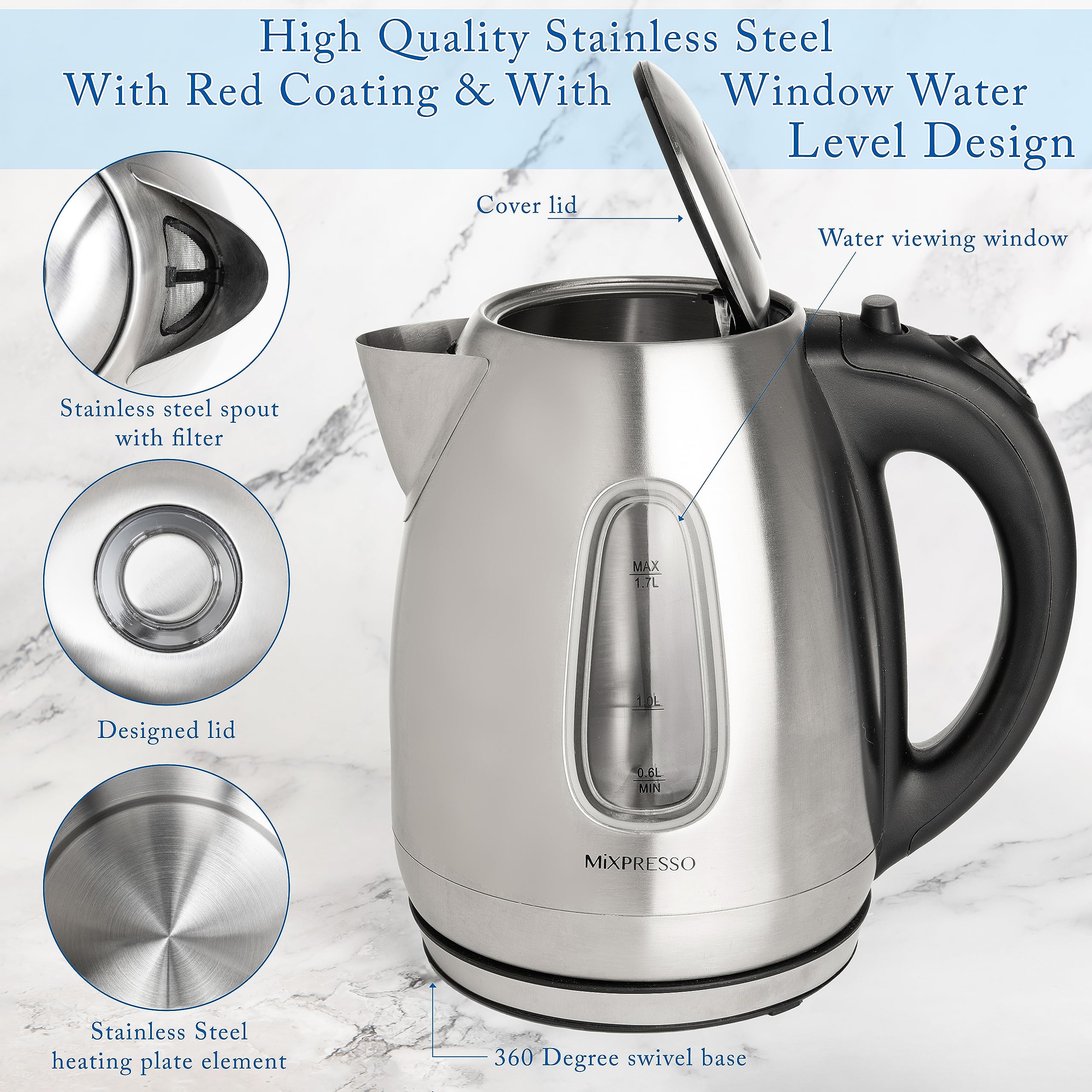 Mixpresso Stainless Steel Electric Kettle, Cordless Pot 1.7L Portable Electric Hot Water Kettle, 1500W Strong Fast Boiling Pot,
