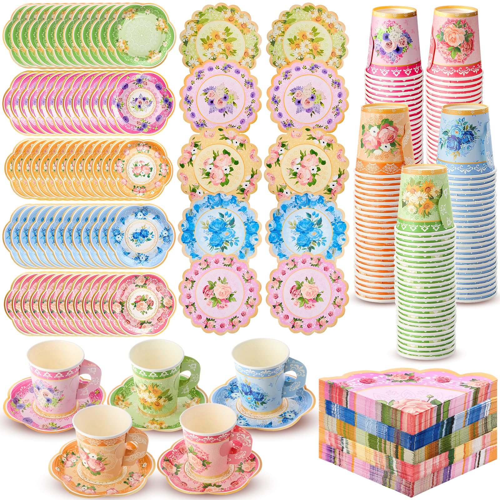 Nuogo 300 Pcs Vintage Floral Disposable Tea Party Set with Handles