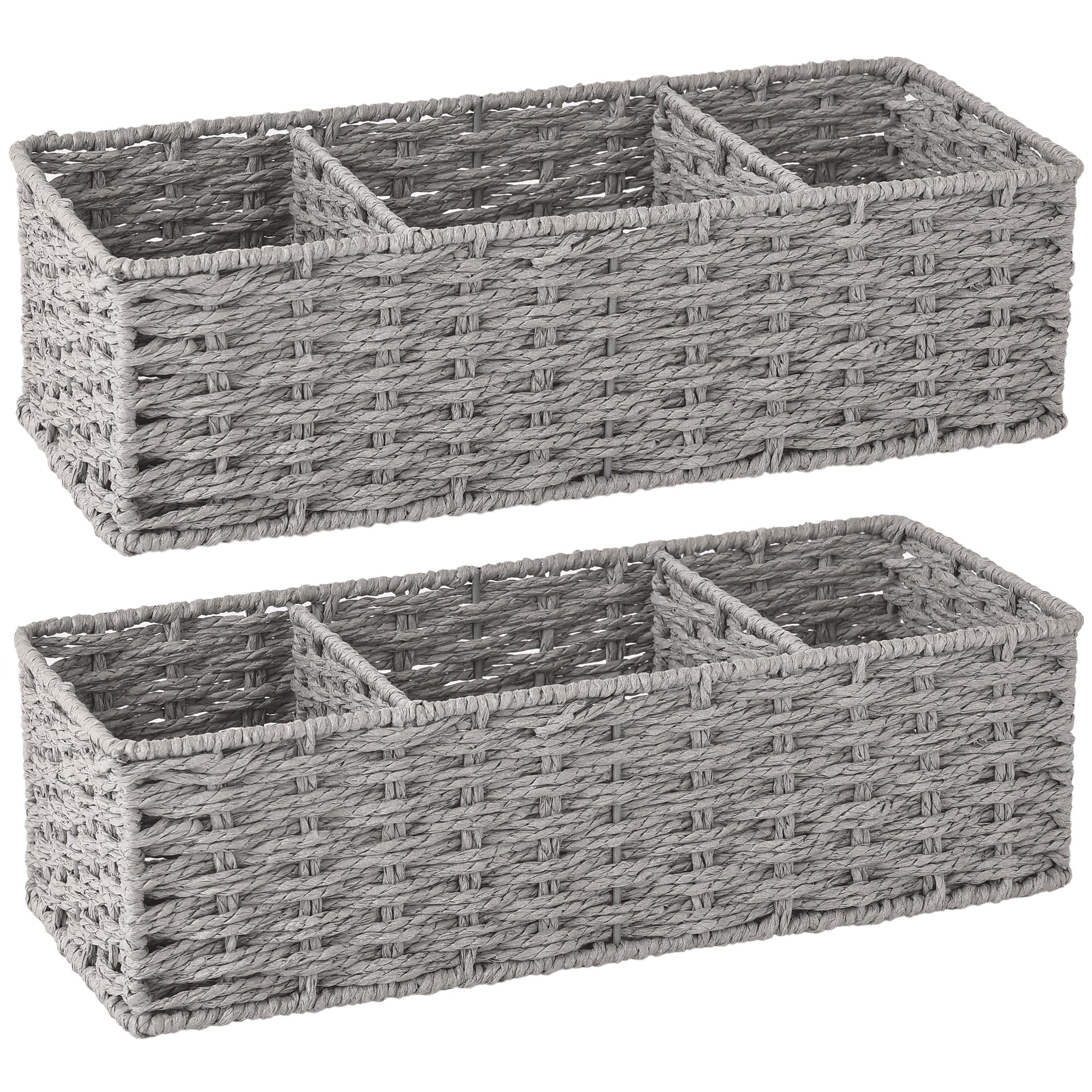 Storageworks 3-Section Wicker Baskets For Shelves, Hand-Woven Round Paper Rope Storage Baskets, Gray, 2-Pack