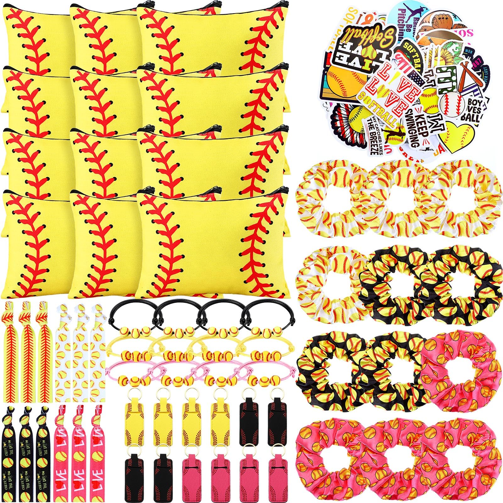 Glitinsel 110 Pcs Softball Party Favors Bulk Softball Gifts Bag Include Hair Ties Scrunchies Charm Bracelets Stickers Lipstick H