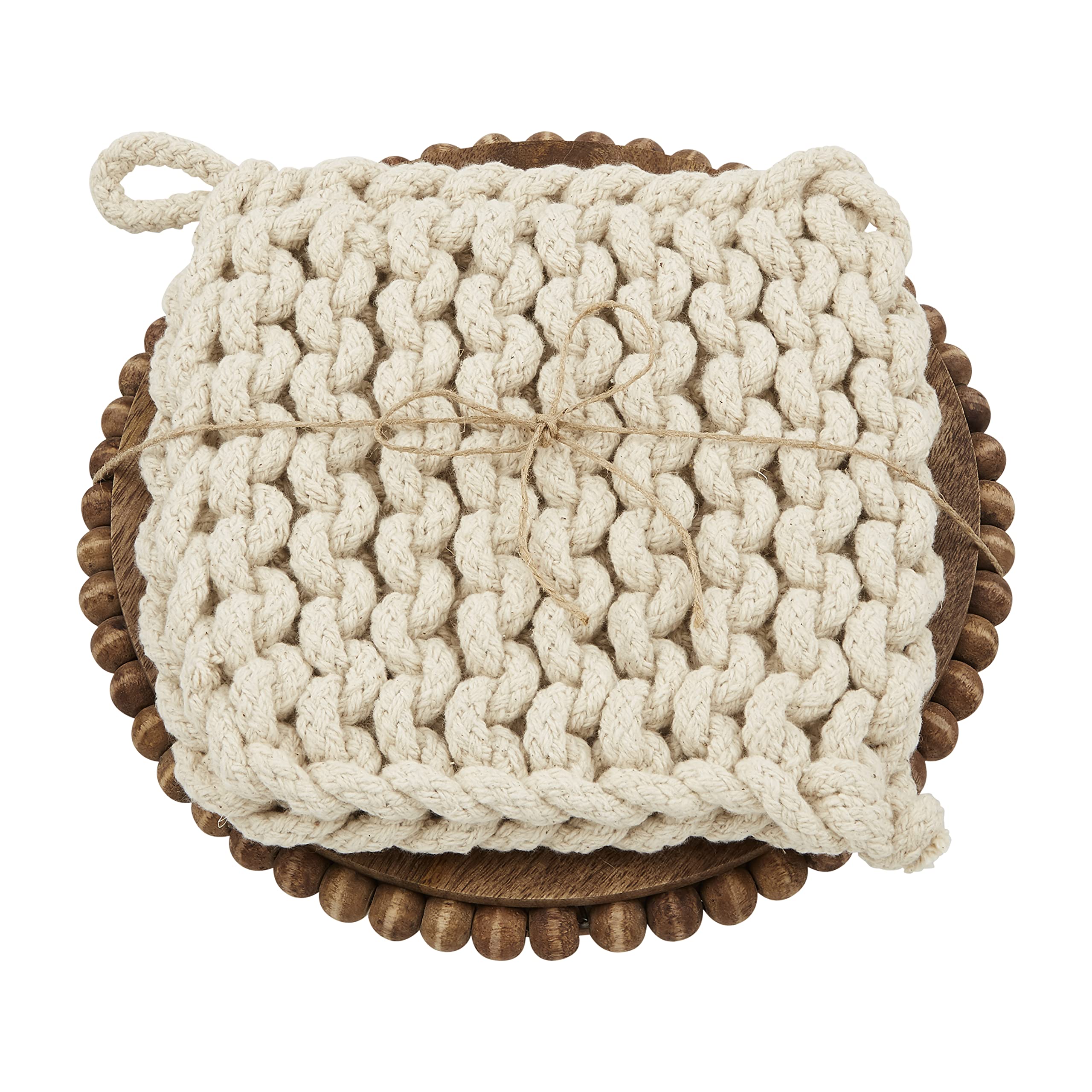 Mud Pie Brown 8'' Dia 7'' X 7'' Beaded Trivet & Crochet Pot Holder Set