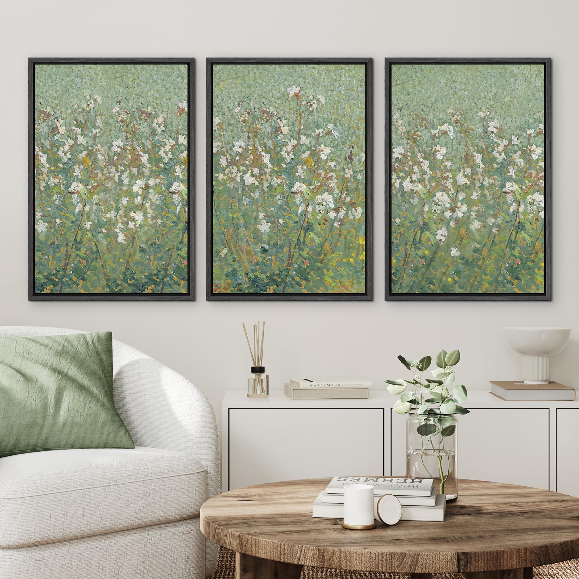 Wall26 Framed Canvas Print Wall Art Set Emerald Green Monet White Flower Field Nature Wilderness Illustrations Modern Art Decora