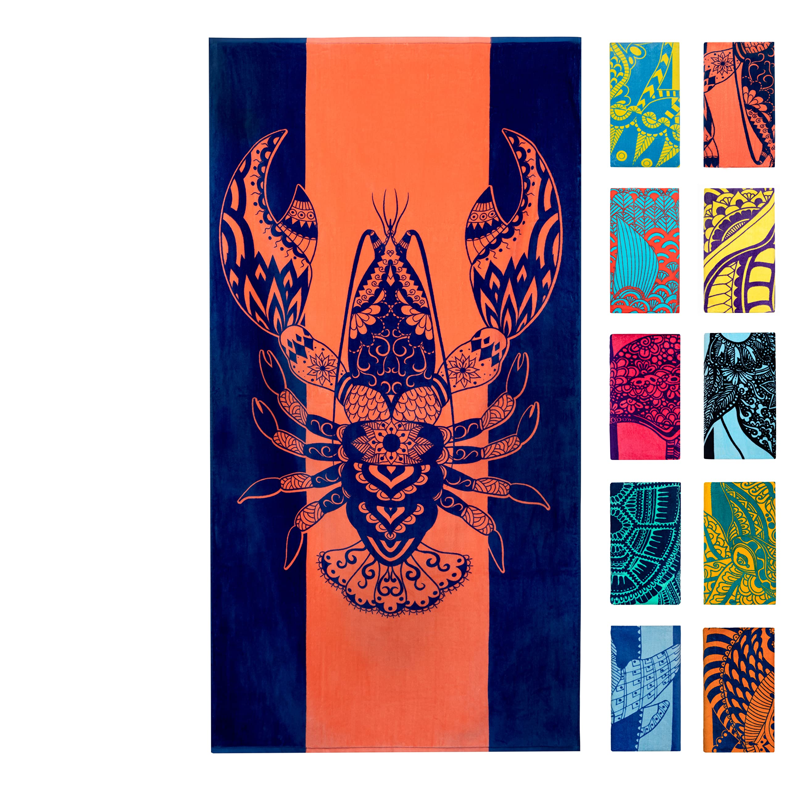 Nova Blue Lobster Beach Towel (34 X 63) - Solid Color Beach Towel Made From 100% Cotton - Coral Stripe Large Beach Towel With Tr