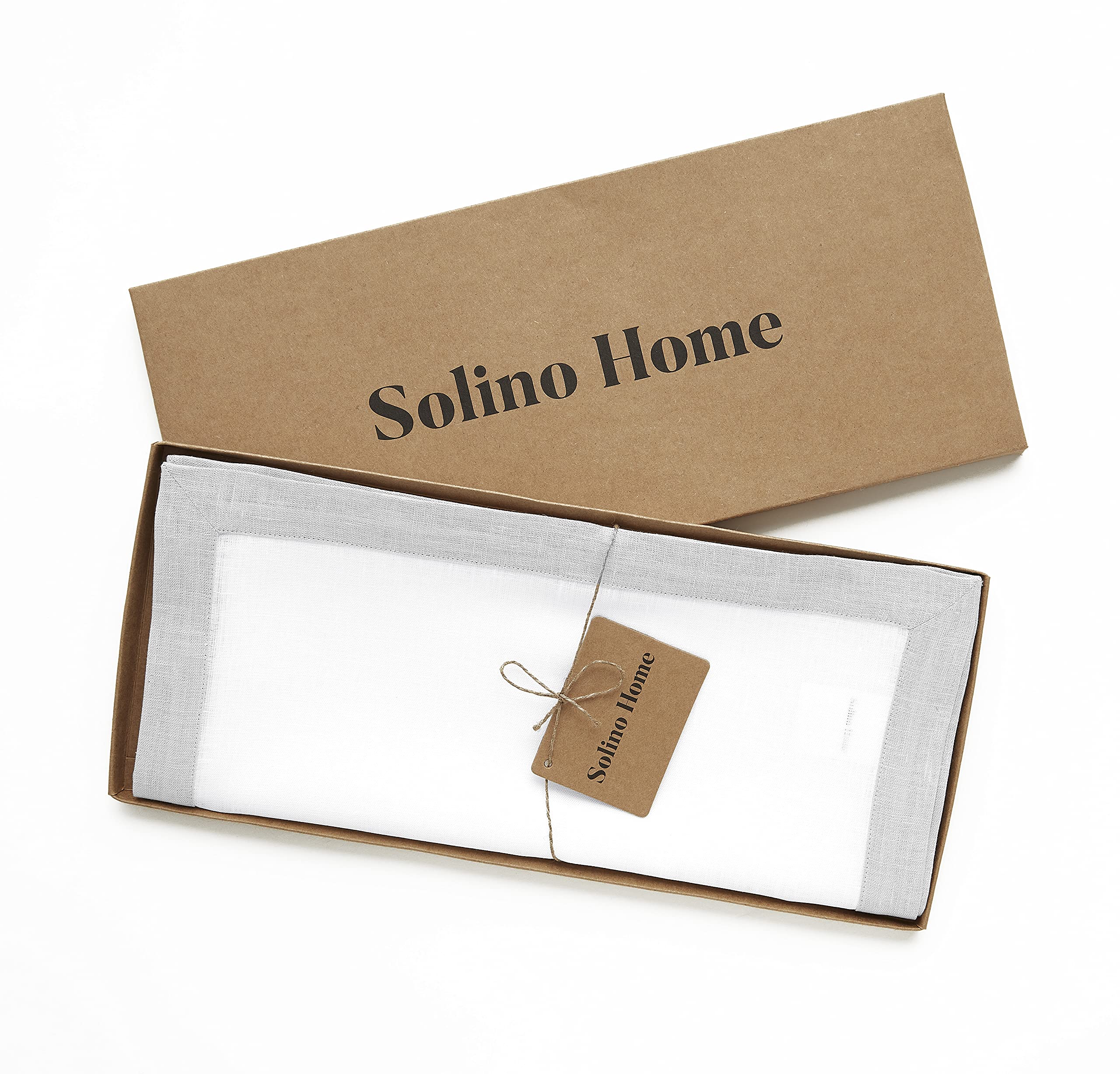 Solino Home Classic Linen Table Runner - 100% Pure Linen 14 x 48 Inch Table Runner for Spring  Summer  Dining - Handcrafted from European Flax and Machine Washable - Soft Grey and White