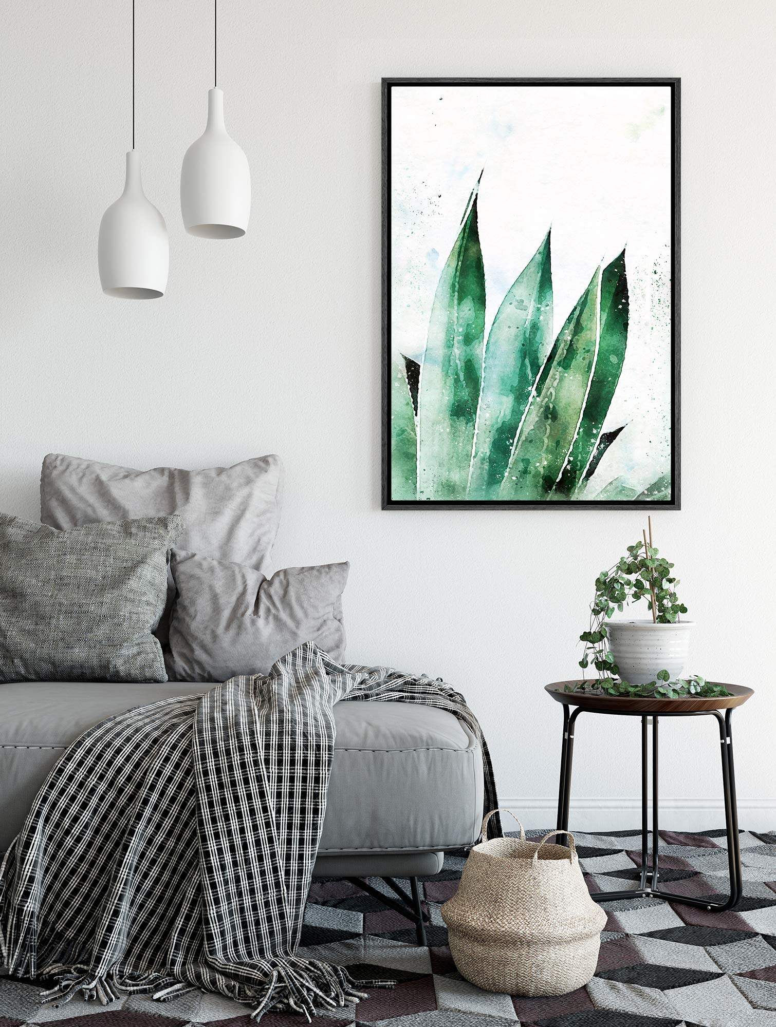 Signford Framed Canvas Wall Art Green Agave Desmettiana Variegata Botanical Succulent Watercolor Impressionism Modern Closeup Re