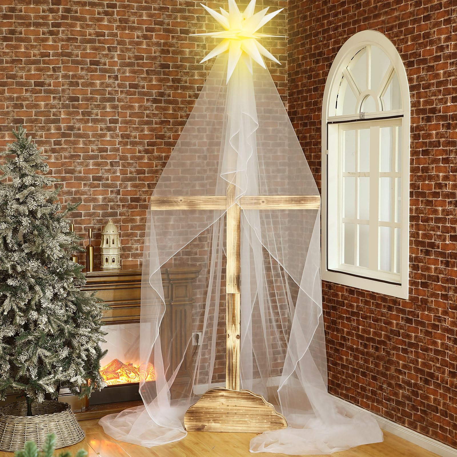 Threlaco 3 Pcs Nativity Scene with 1.6 x 9 m Draping Fabric, Church Decor and Classical Bethlehem Star Lights - Religious Decora