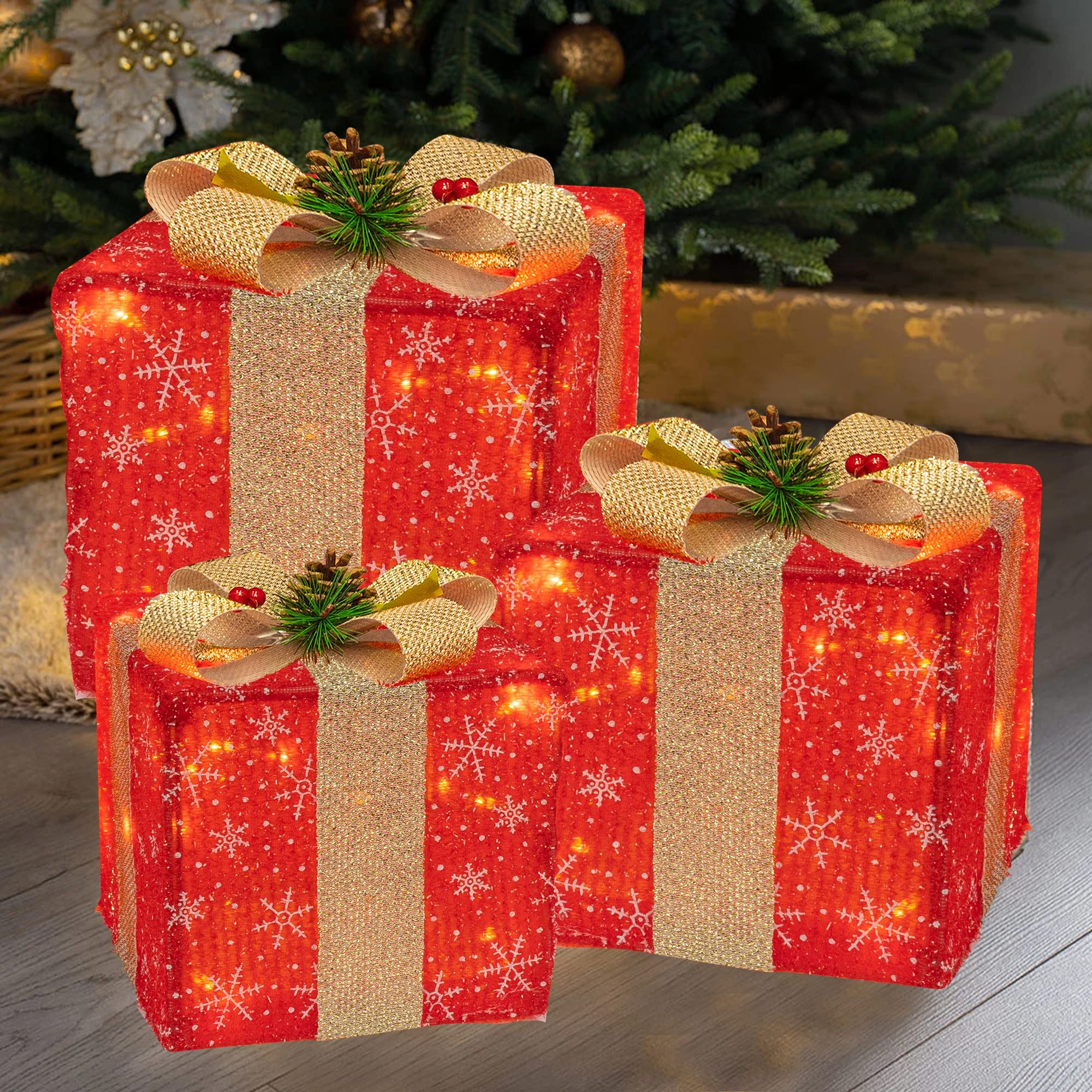 FUNPENY Set of 3 Christmas Lighted Gift Boxes, 50 LED Christmas Box Decorations, Presents Boxes with Ribbon Bows Christmas Decor