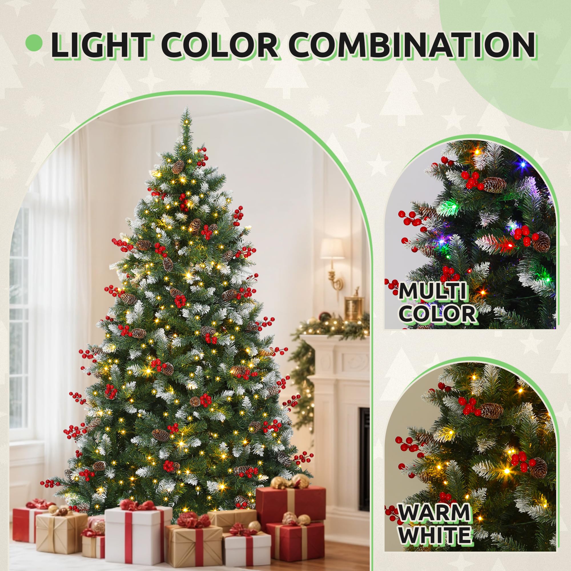 GOOBED Prelit Pre-Decorated Green Christmas Tree 9ft w/Remote Control, Pre-Lit Hinged Artificial Xmas Tree w/ 2058 Partially Fro