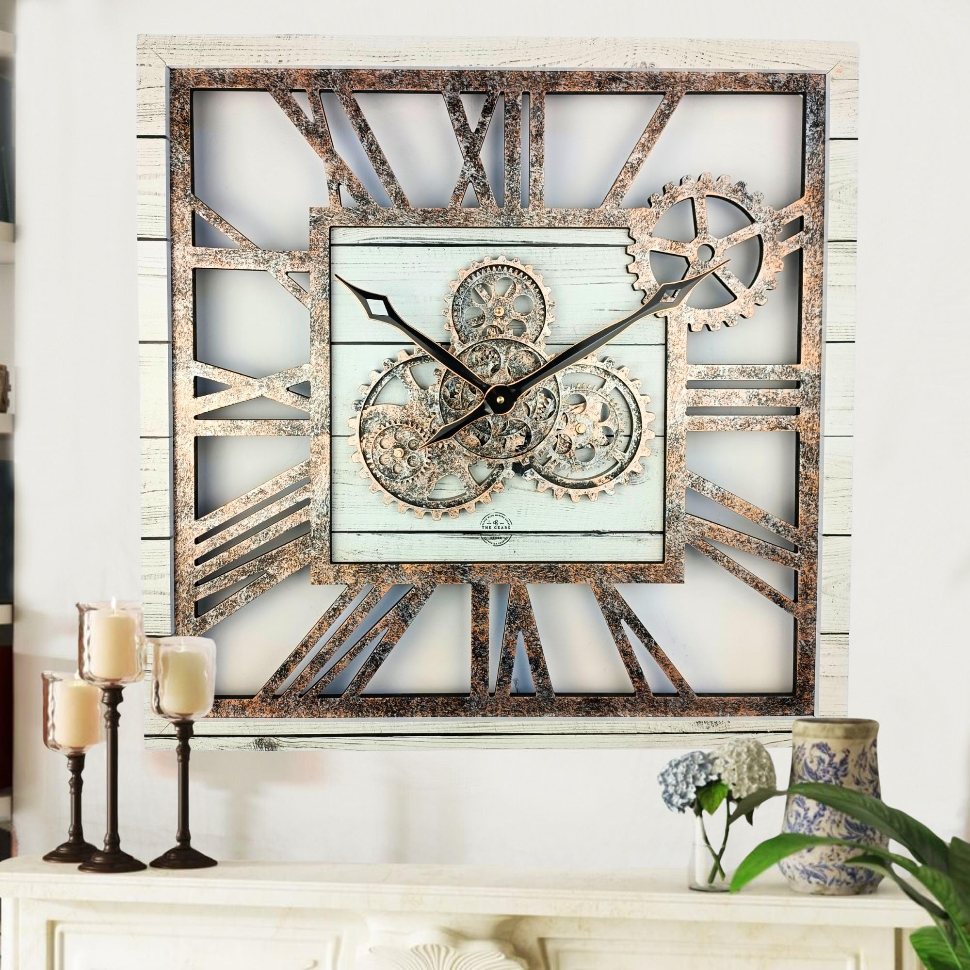 The Gears Clock 24 Inch Square Real Moving Gear Wall Clock Vintage Industrial Oversized Rustic Farmhouse (White Farmhouse)