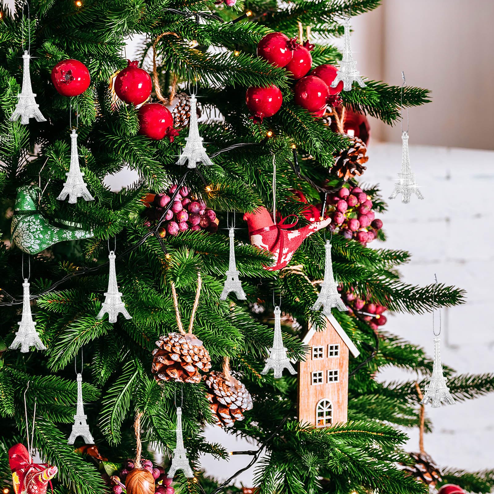 Thyle 24 Pcs Eiffel Tower Christmas Tree Ornaments Silver Glitter Paris Decorations Acrylic Eiffel Tower Hanging Ornaments for C