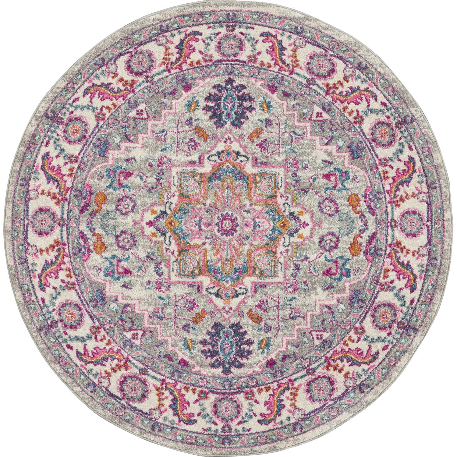 Nourison Passion Bohemian Light Grey/Pink 53 x Round Area -Rug, Easy -Cleaning, Non Shedding, Bed Room, Living Room, Dining Roo