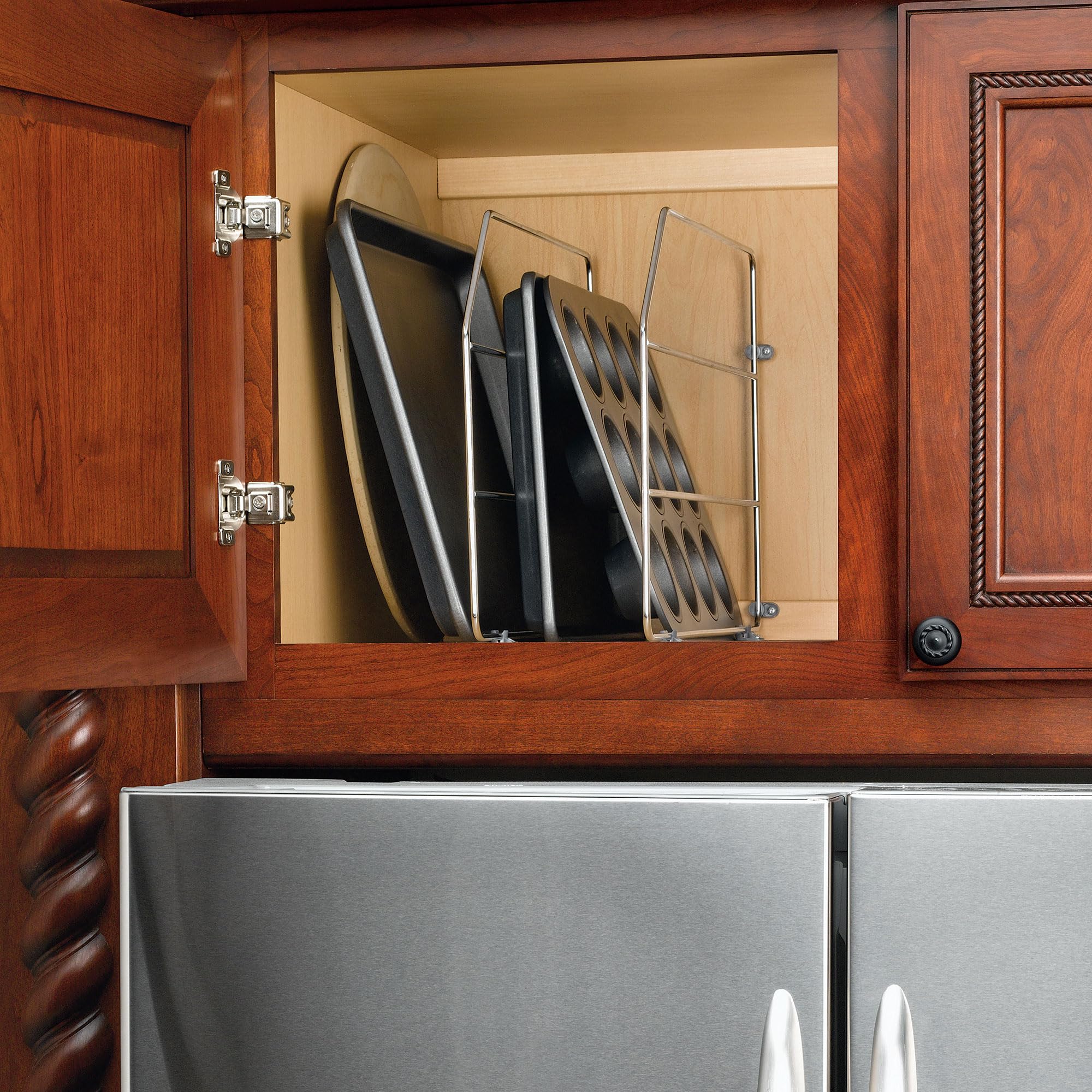 Rev-A-Shelf 12'' Baking Sheet Shelf Organizer for Wall and Base Kitchen Cabinets  Divider Pan Rack Storage Wires for Cupboards  Chrome  597-12CR-52