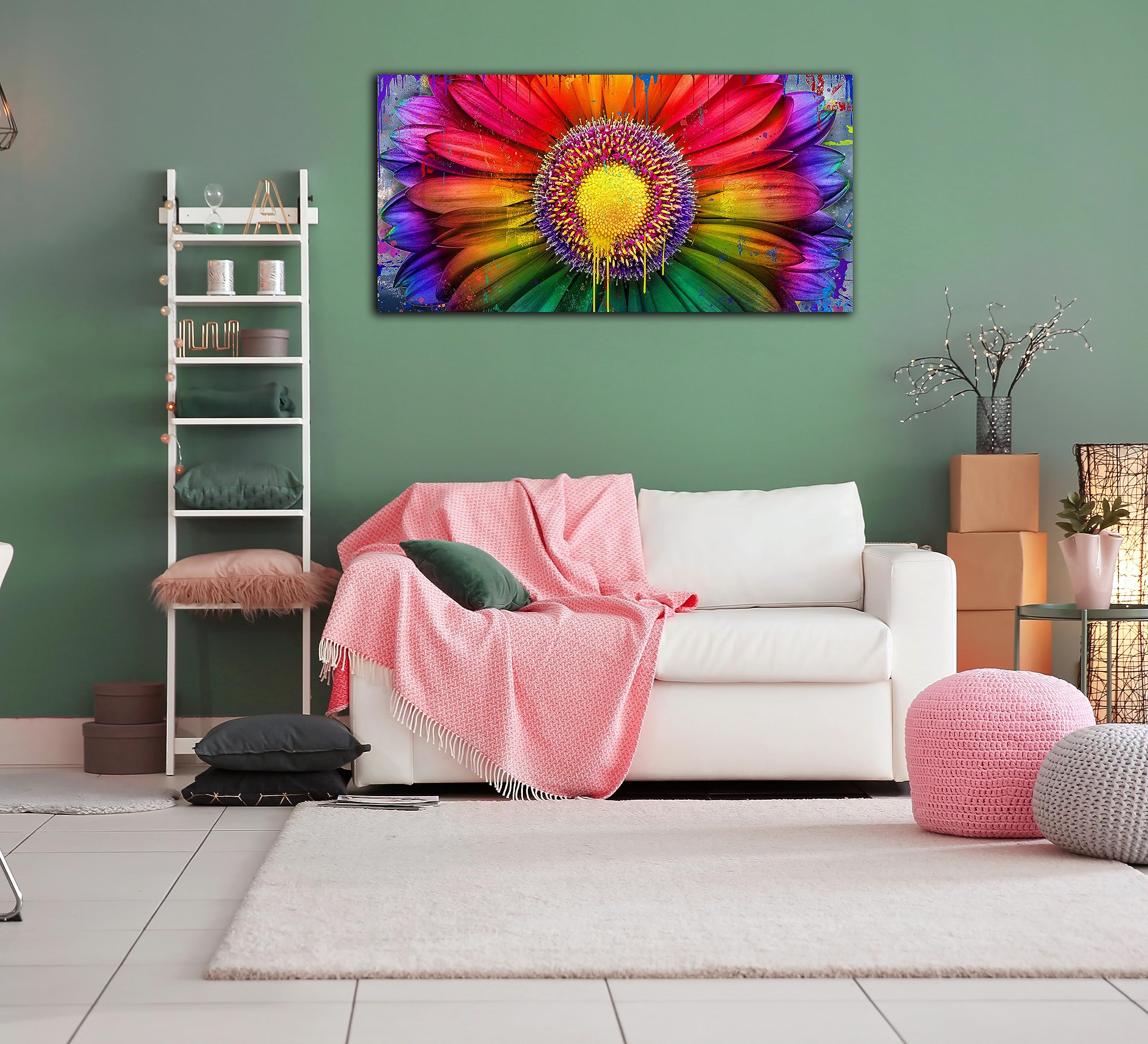 Large Red Flower Artwork For Living Room, 30X60 Inch - Abstract Daisy Flower Bedroom Paintings, Nature Watercolor Floral Paintin