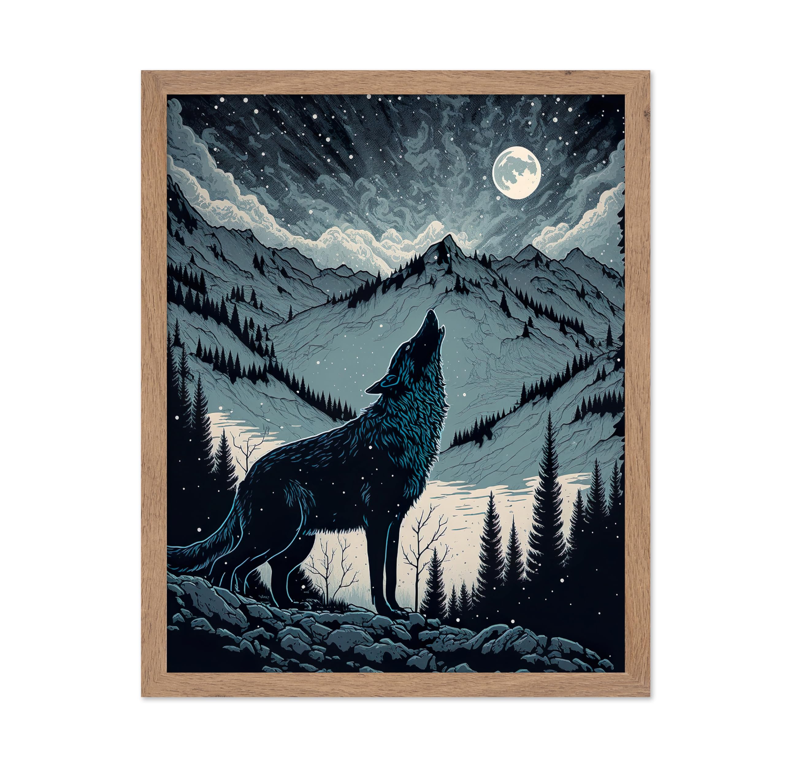 Poster Master Vintage Illustration Poster - Retro Animal Print - Gift for Artist, Friend - Wolf Howling at the Moon, Mountain, S