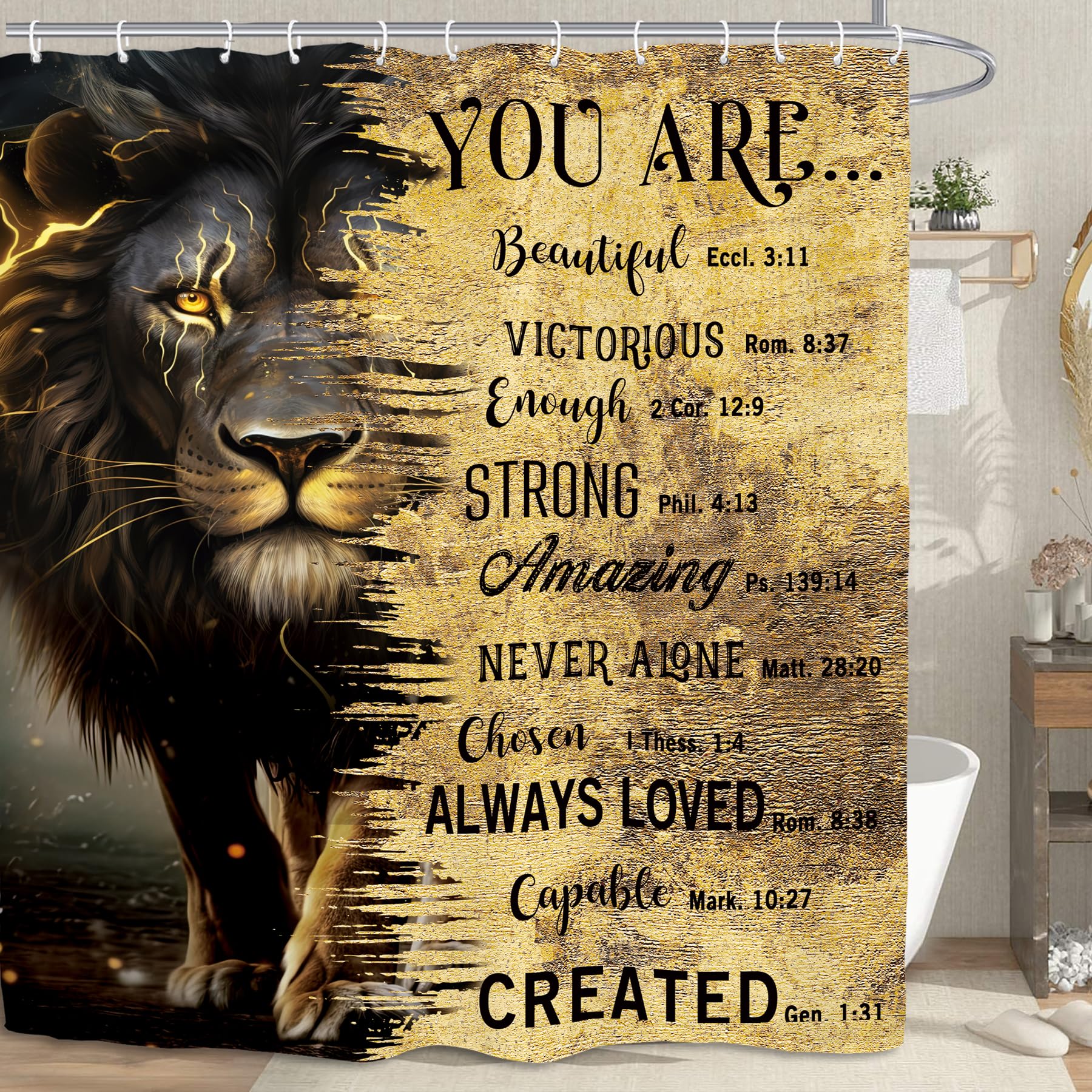 Kalmico Lion Man Masculine Shower Curtain 60Wx72L Inch Black Gold Inspirational Motivational Quotes Bible Cool Contemporary Bath