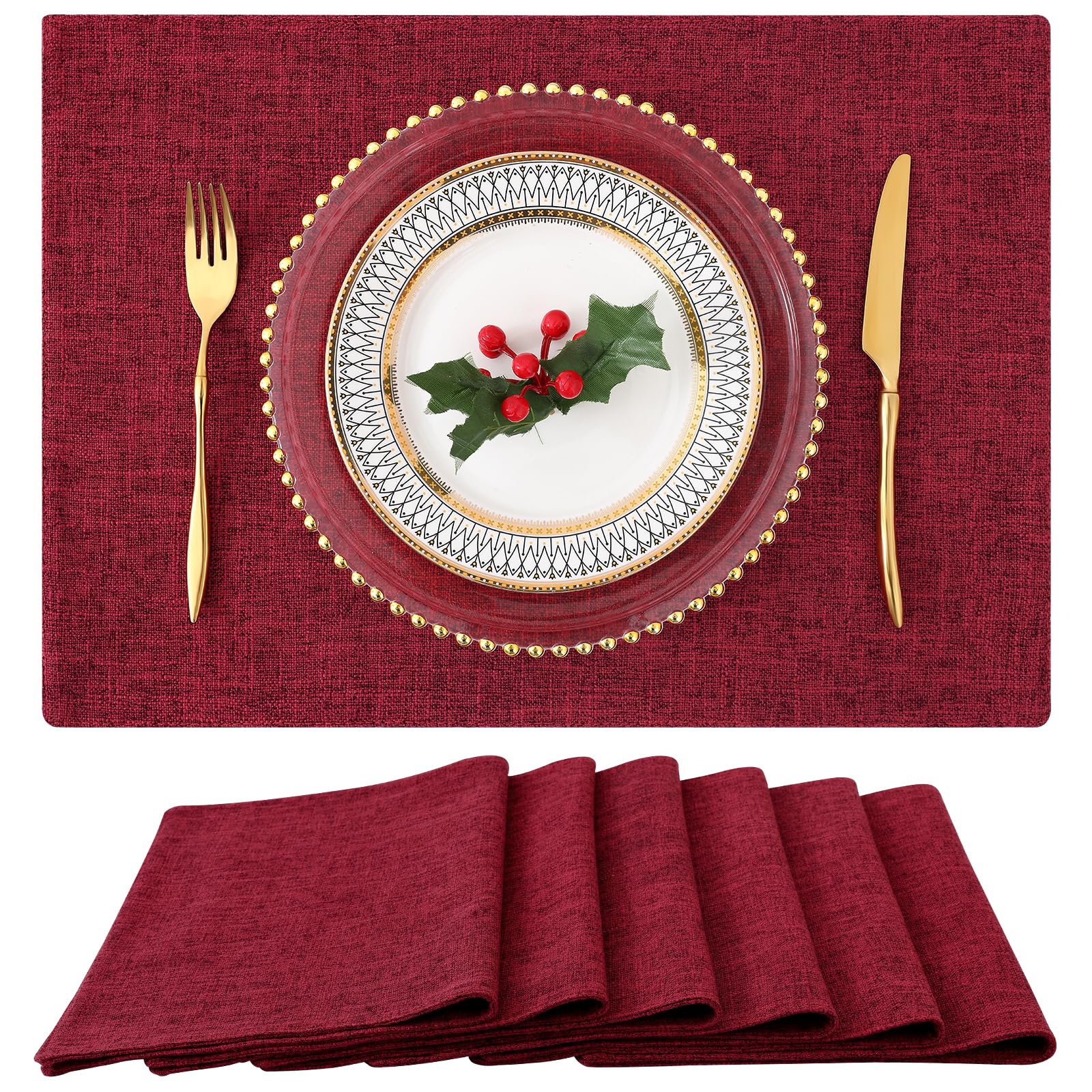 Homing Red Cloth Placemats Set Of 6 - Cotton Linen Blend Washable Farmhouse Dining Table Mats For Christmas, Easy To Clean, 13 X