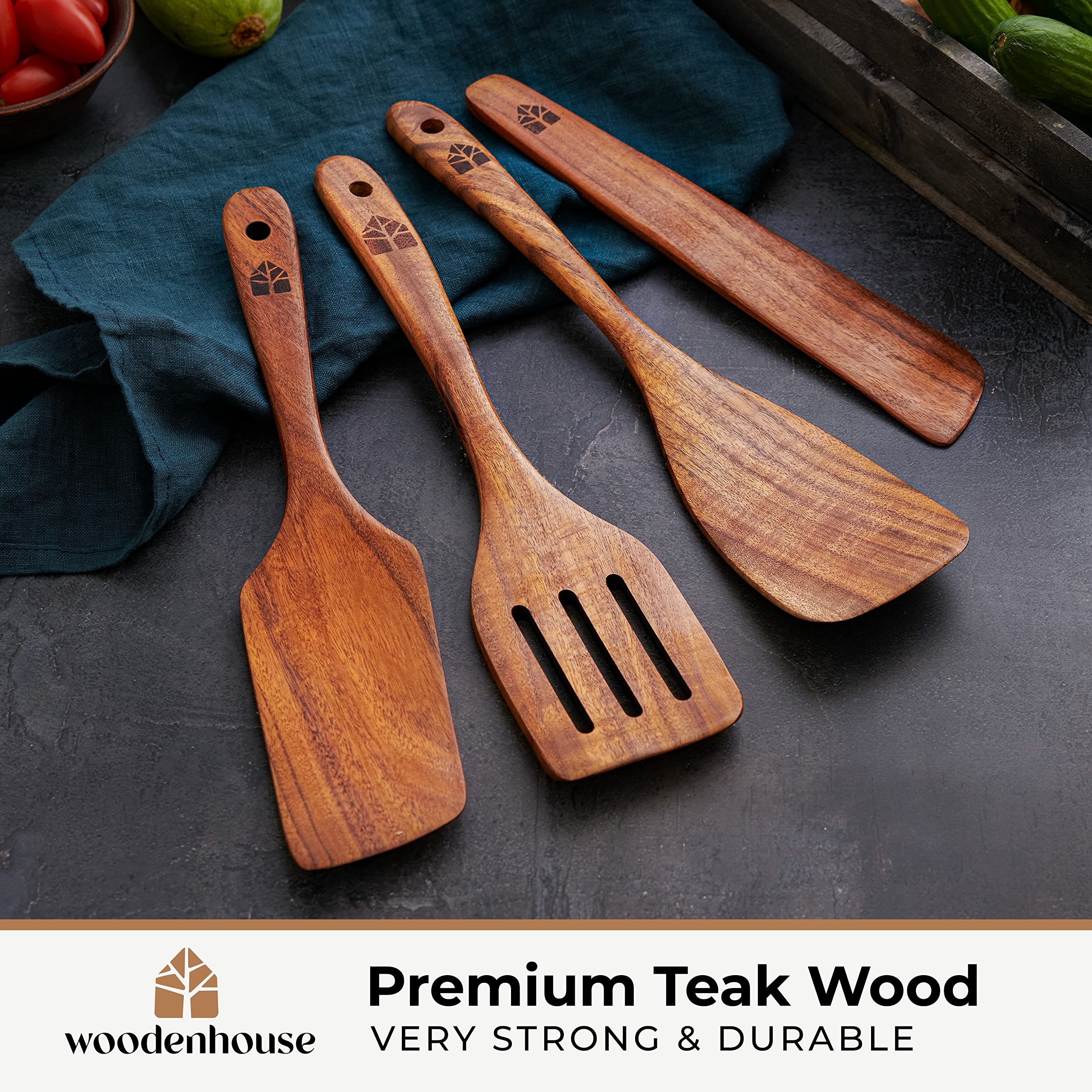 Wooden Spatula for Cooking  Kitchen Set of 4  Natural Teak Wooden Utensils including Paddle  Turner Spatula  Slotted Spatula and Wood Scraper. Nonstick cookware.