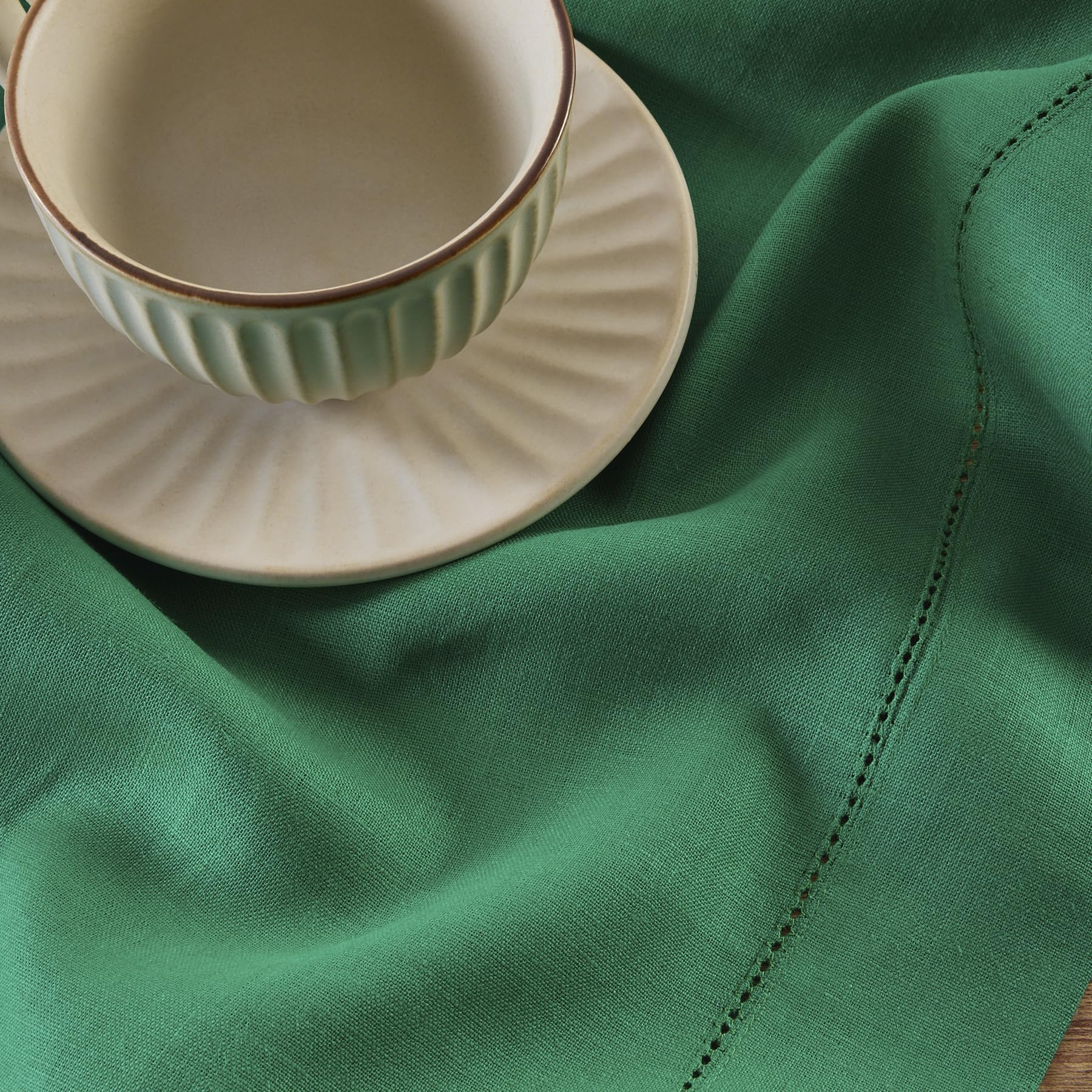 Solino Home Emerald Green Linen Table Runner 108 Inches Long - 100% Pure Linen Classic Hemstitch Table Runner 14 X 108 Inch - Ma