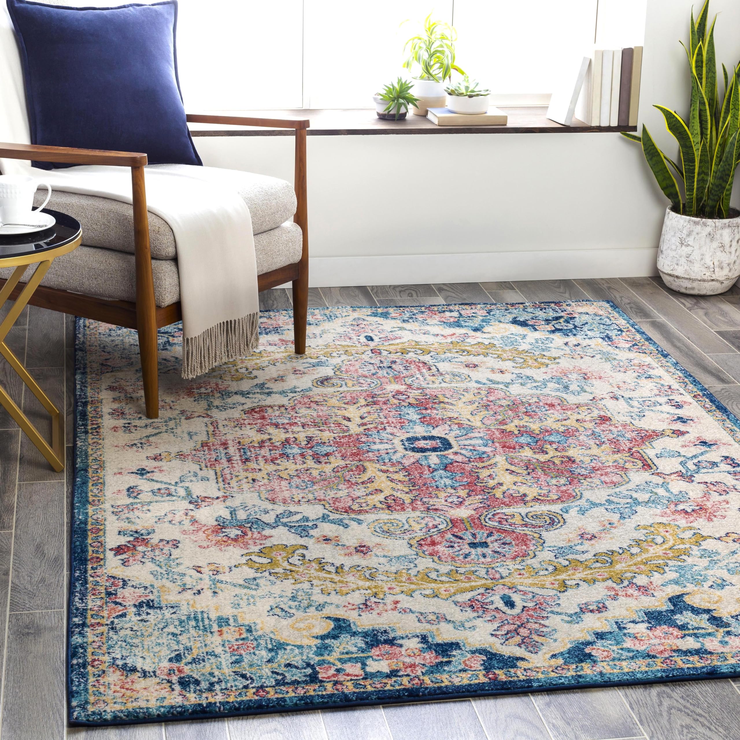 Livabliss Area Rugs - 7x9 Odelia Vintage Boho Aqua Burgandy Blue Area Rug for Living Room Bedroom - Floral Medallion Stain Resis