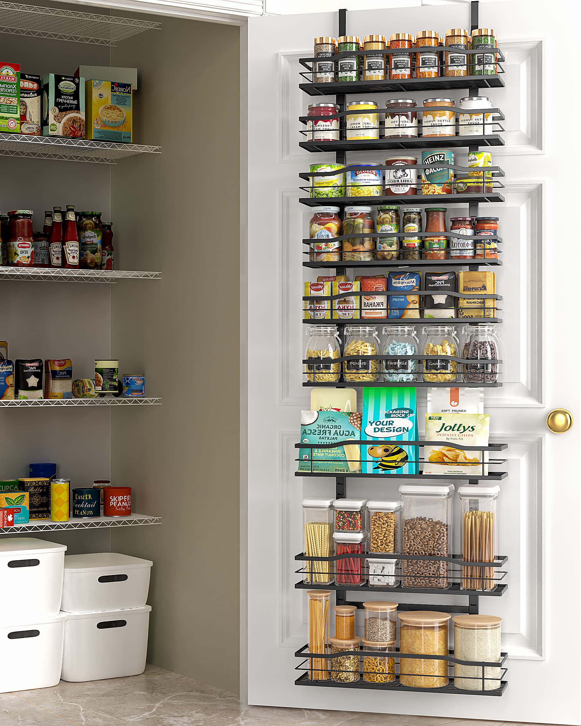 Moforoco 9-Tier Over The Door Pantry Organizer, Pantry Organization And Storage, Black Hanging Basket Wall Spice Rack Seasoning