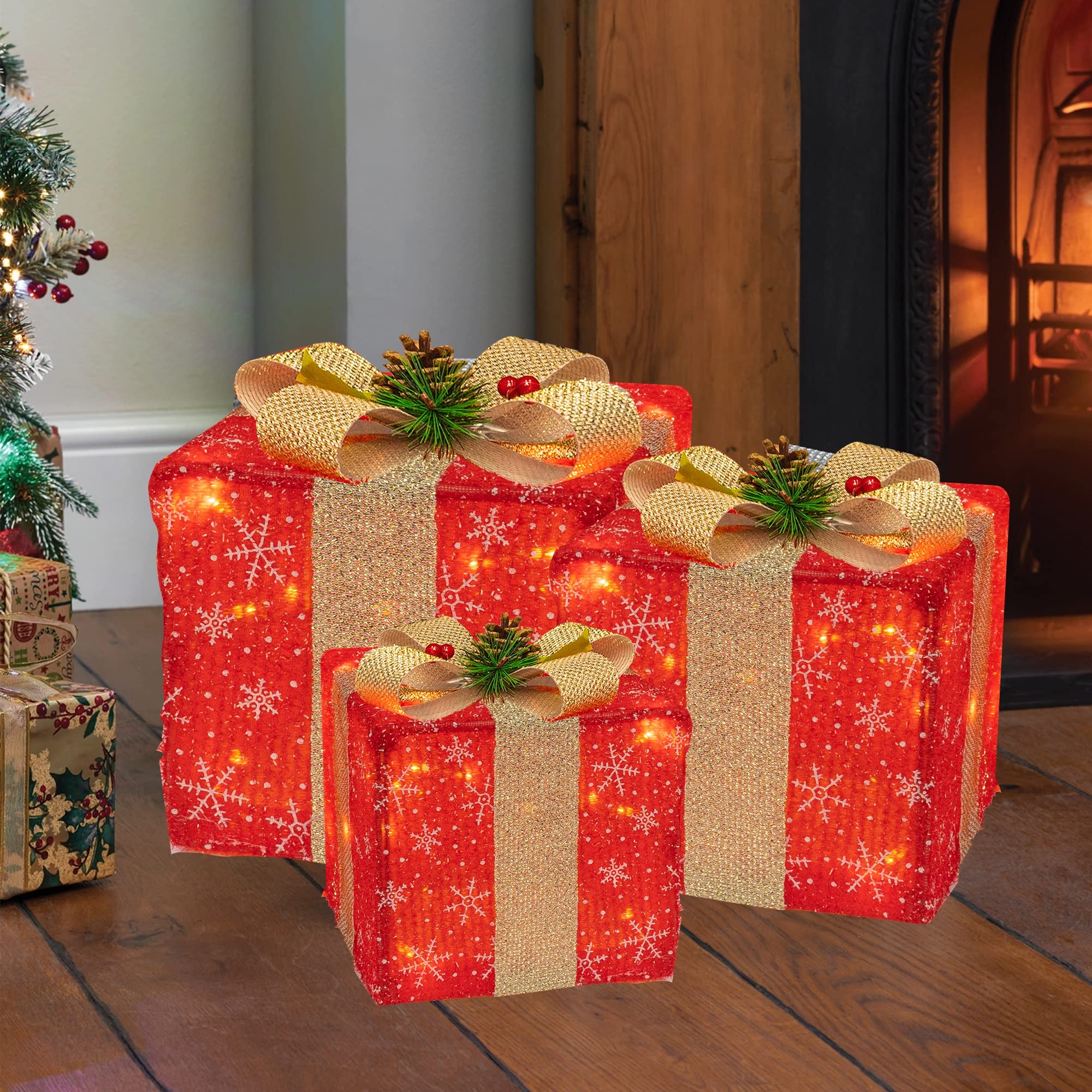 FUNPENY Set of 3 Christmas Lighted Gift Boxes, 50 LED Christmas Box Decorations, Presents Boxes with Ribbon Bows Christmas Decor